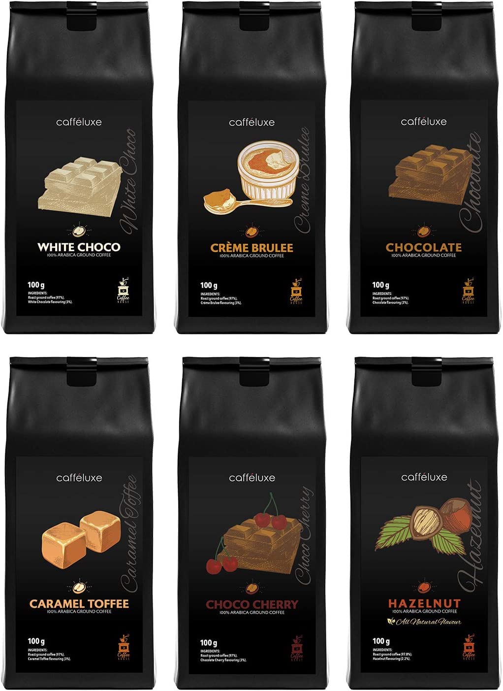 Caffeluxe Flavoured Ground Coffee 6 x100g bags 100