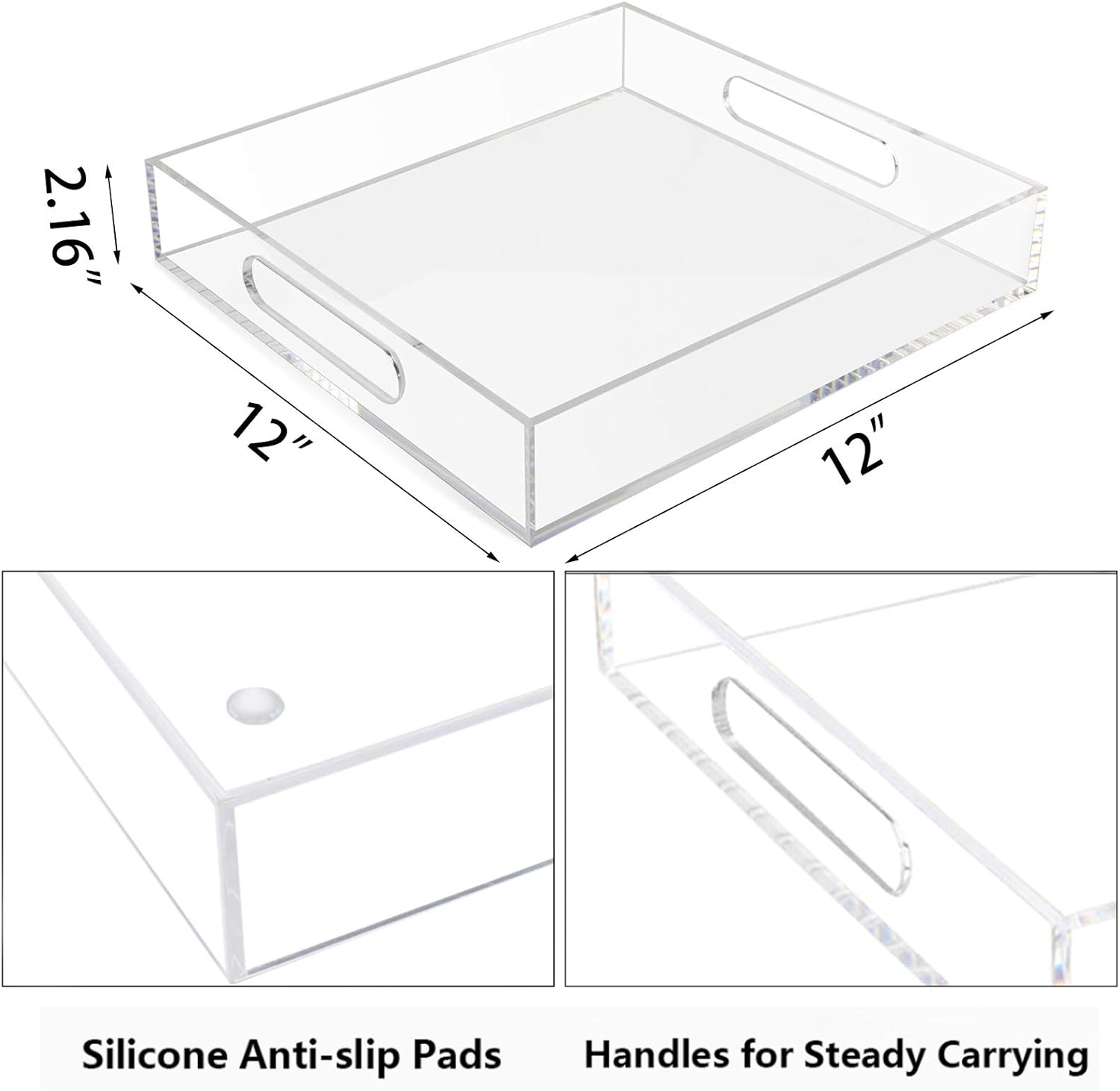 Tasybox Acrylic Serving Tray, Clear Decorative Serving Trays with Handles for Kitchen Dining Room Table Ottoman Vanity Countertop 12" x 12" - Image 3