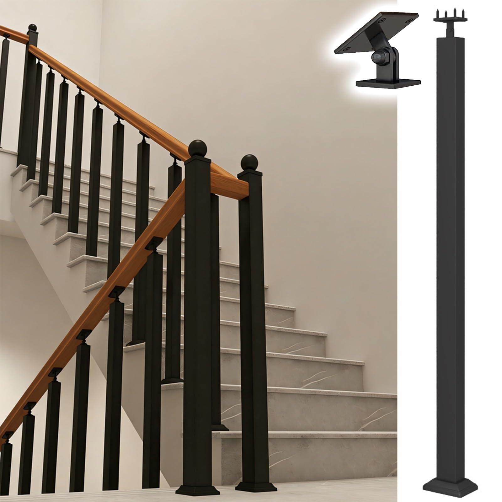 Kit poteau de garde-corps avec supports et vis pour installer une main courante en métal noir