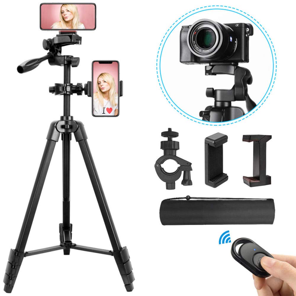 Treppiedi da 140 cm con supporto per telefono cellulare e telecomando da viaggio per telefoni cellulari e fotocamere con borsa per il trasporto