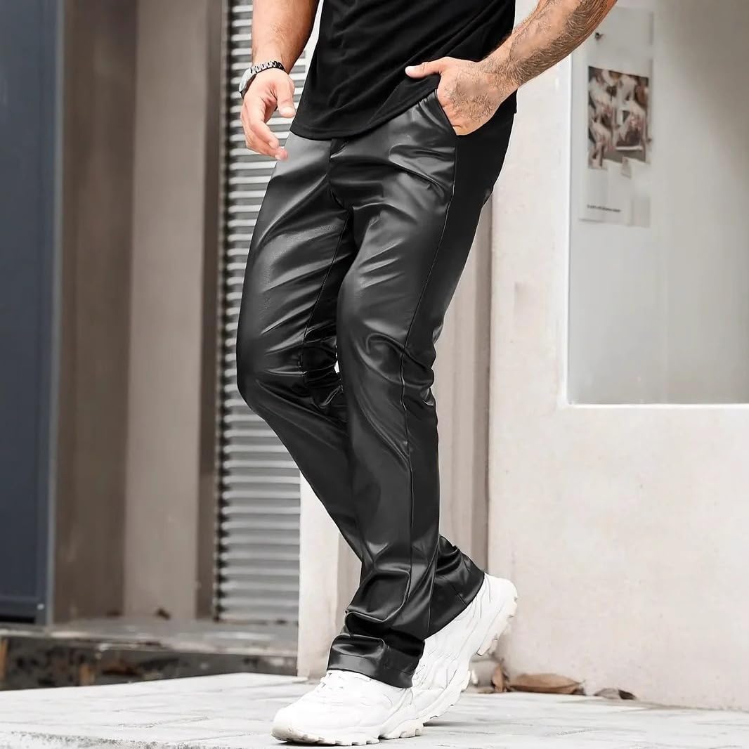 OTFTHPCW Men's PU Leather Riding Pants Slim Straight Leg Faux Leather Trousers for Fall Spring