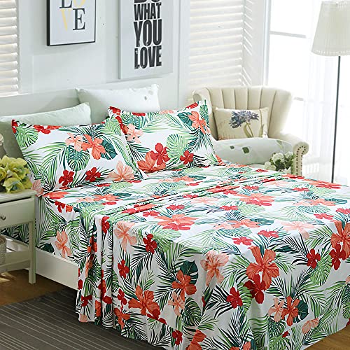 Fadfay Green Floral Sheets Queen Size 100% Cotton Floral Bed Sheet Ultra Soft Tropical Bedding Banana Palm Leaves Top Sheet Hawaiian Deep Pocket Fitted Sheet 4-Pieces #TOP7