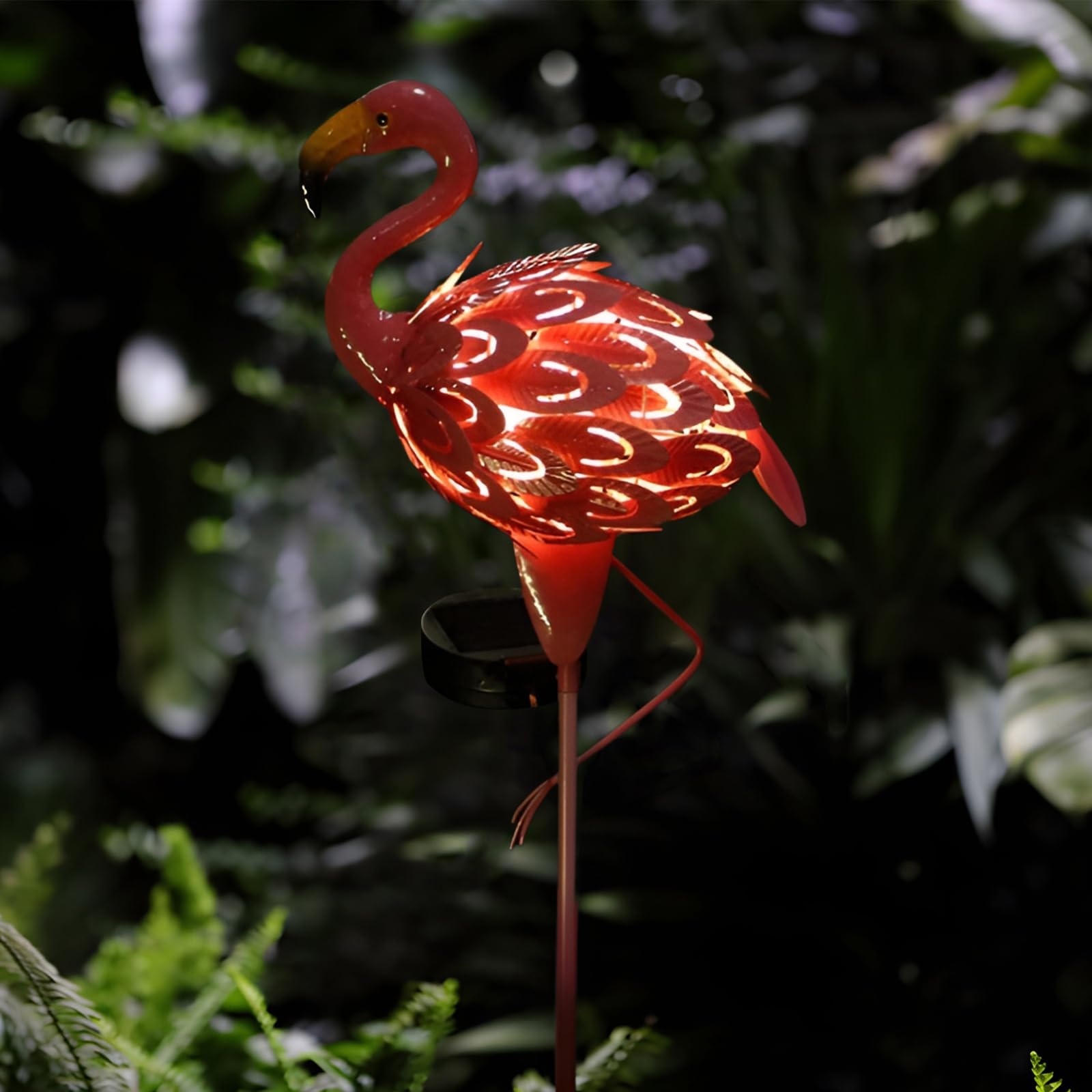 Lampade solari per esterni, fenicotteri, statuette da giardino, statuetta a energia solare, fenicottero, in metallo resistente alle intemperie, con supporto, fenicottero, per prato, cortile