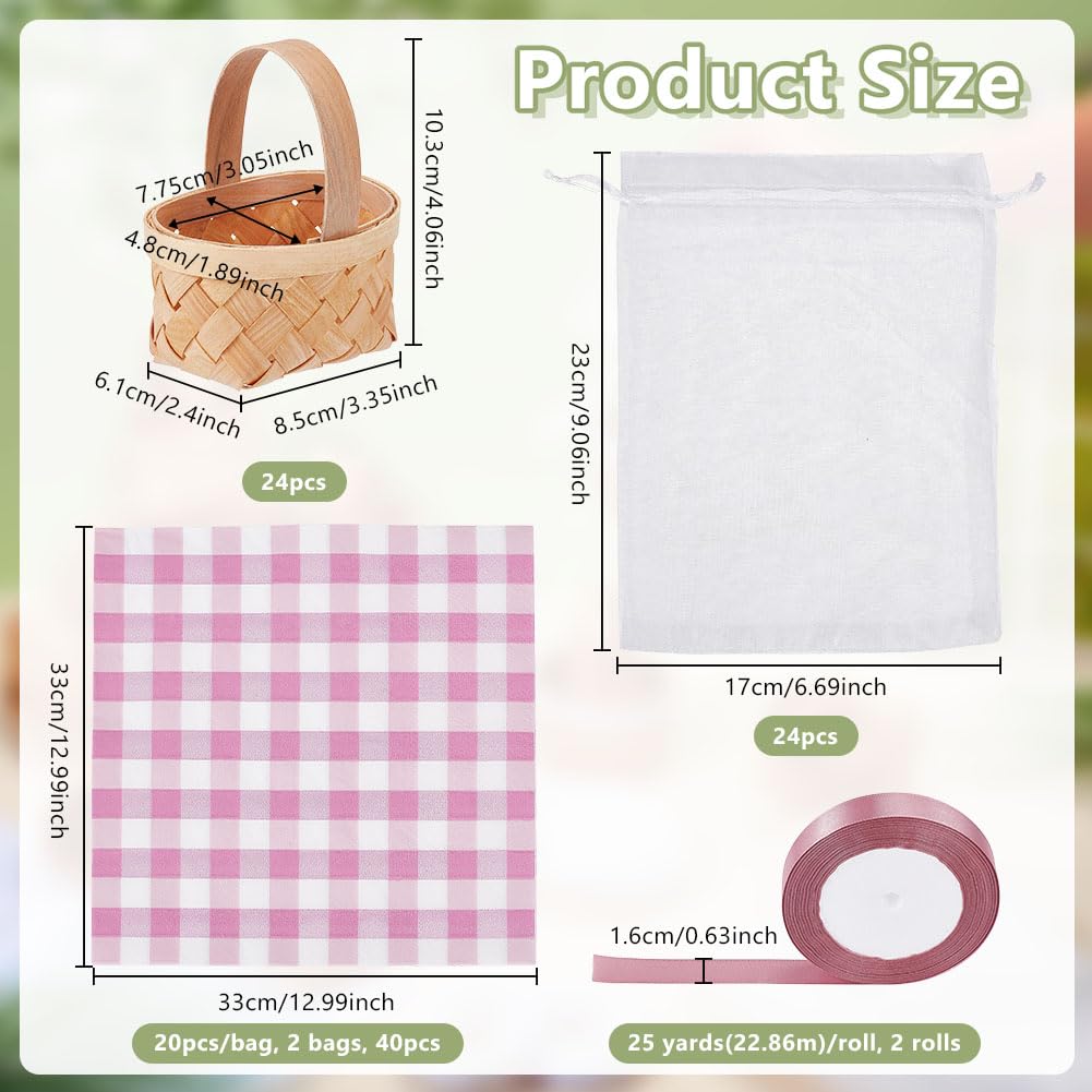 OLYCRAFT 12 Set Mini Cestini Intrecciati con Manici Mini Cestini Da Picnic con Fiori e Frutta Piccoli Cesto Regalo con Tovaglioli di Carta Rosa per Natale Festa di Nozze Regalo Decorazione Giardino