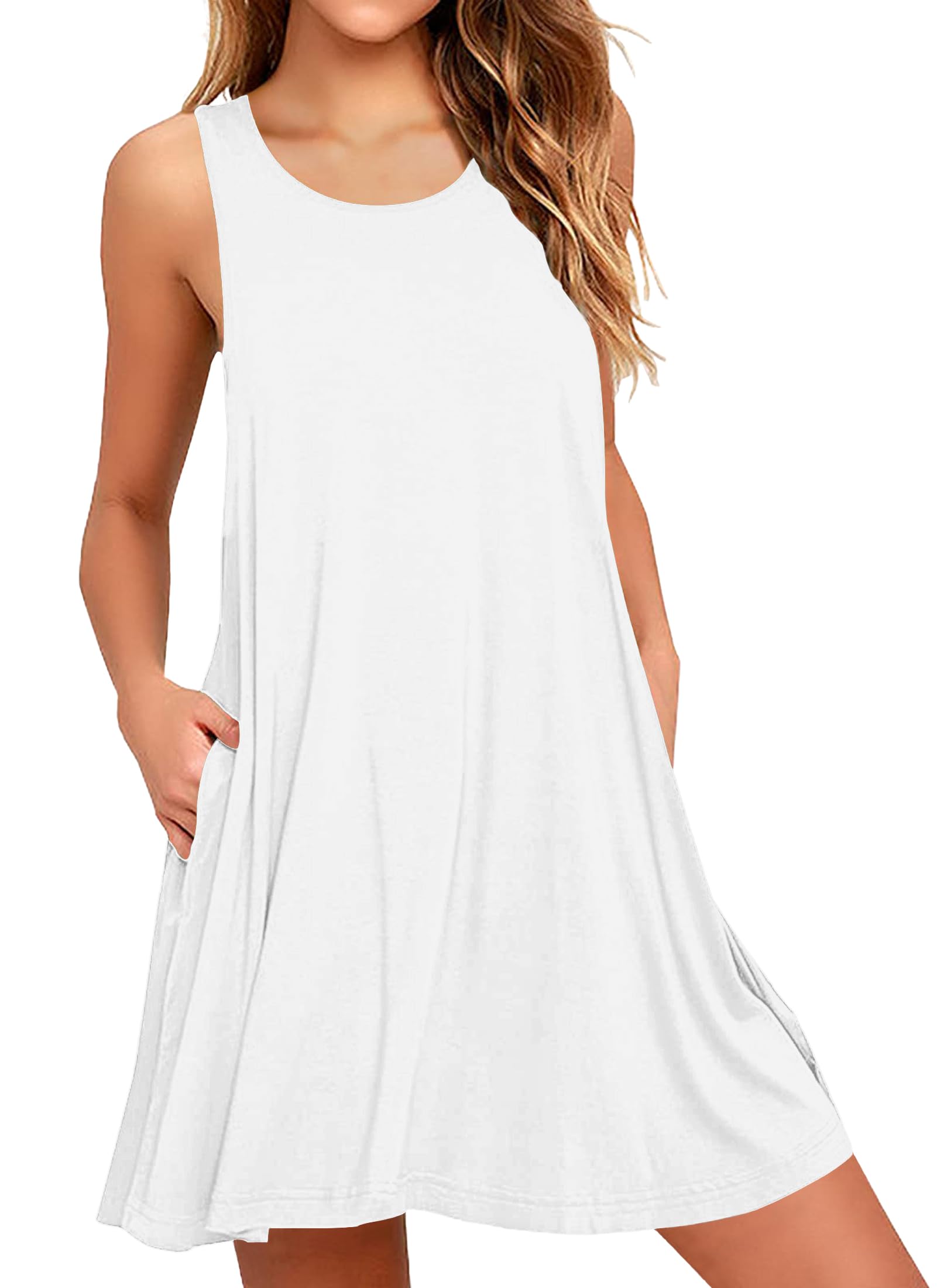 AUSELILY Beach Dresses for Women UK Mini Sleeveless Summer Dress with Pocket White 2XL