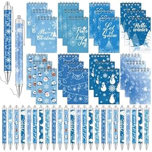 48 PCS Christmas Gifts Winter Themed Christmas Notepads and Ballpoint Pens Set Snowflakes Ballpoint Pens Winter Snowman Notebooks Thank You Gift for Friend Family Teacher Employee Xmas Party Decor