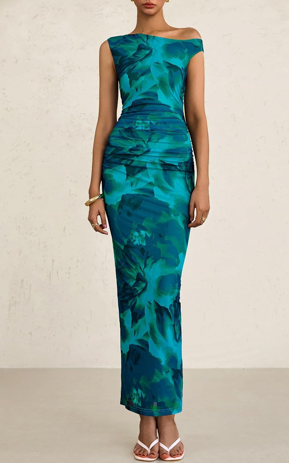 PRETTYGARDEN Women's 2026 Summer Floral One Shoulder Maxi Dress Wedding Guest Ruched Mesh Bodycon Long Cocktail Dresses - Image 2