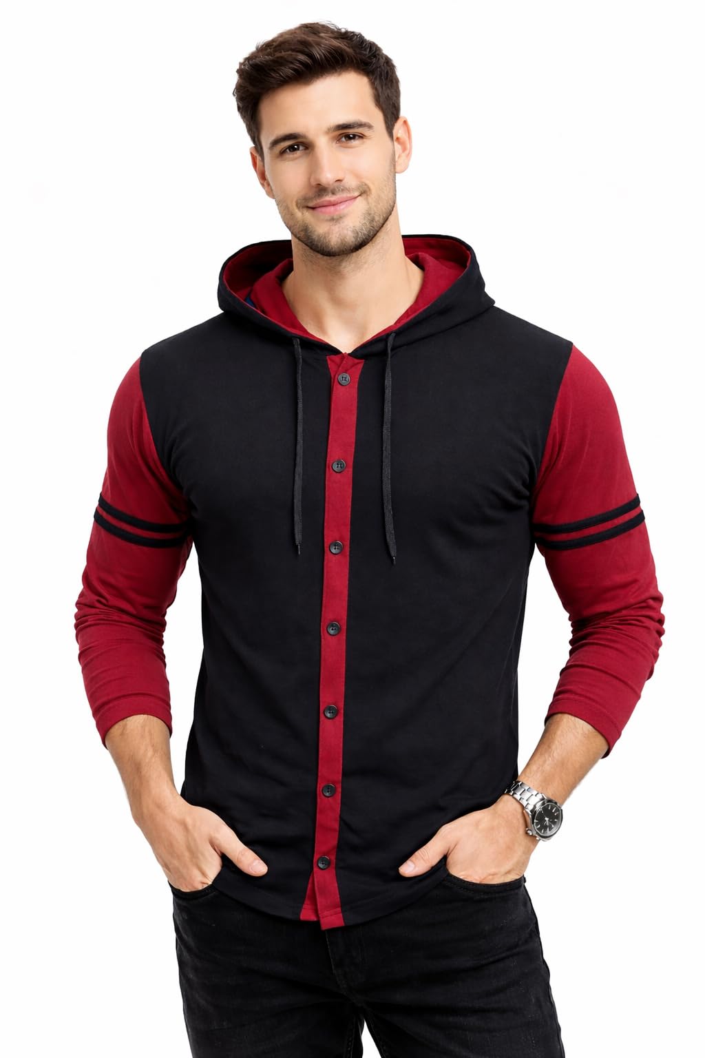 tfurnish Men's Full Sleeve Hooded T-Shirt | Button Down Casual Hoodie with Sporty Stripe Design-picture-50