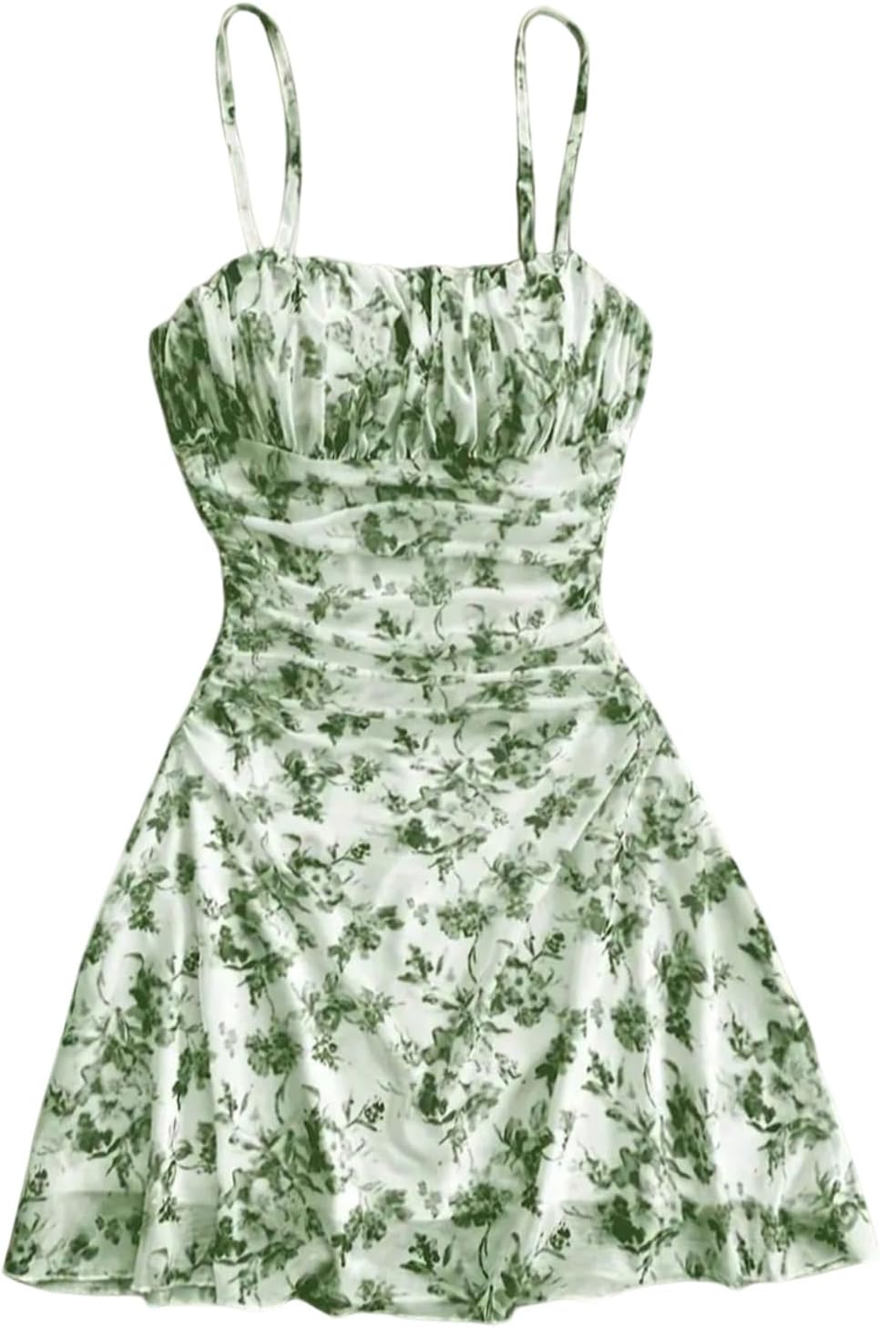 Girl's Floral Ruched Spaghetti Strap Sundress Mesh A Line Flowy Boho Mini Dress