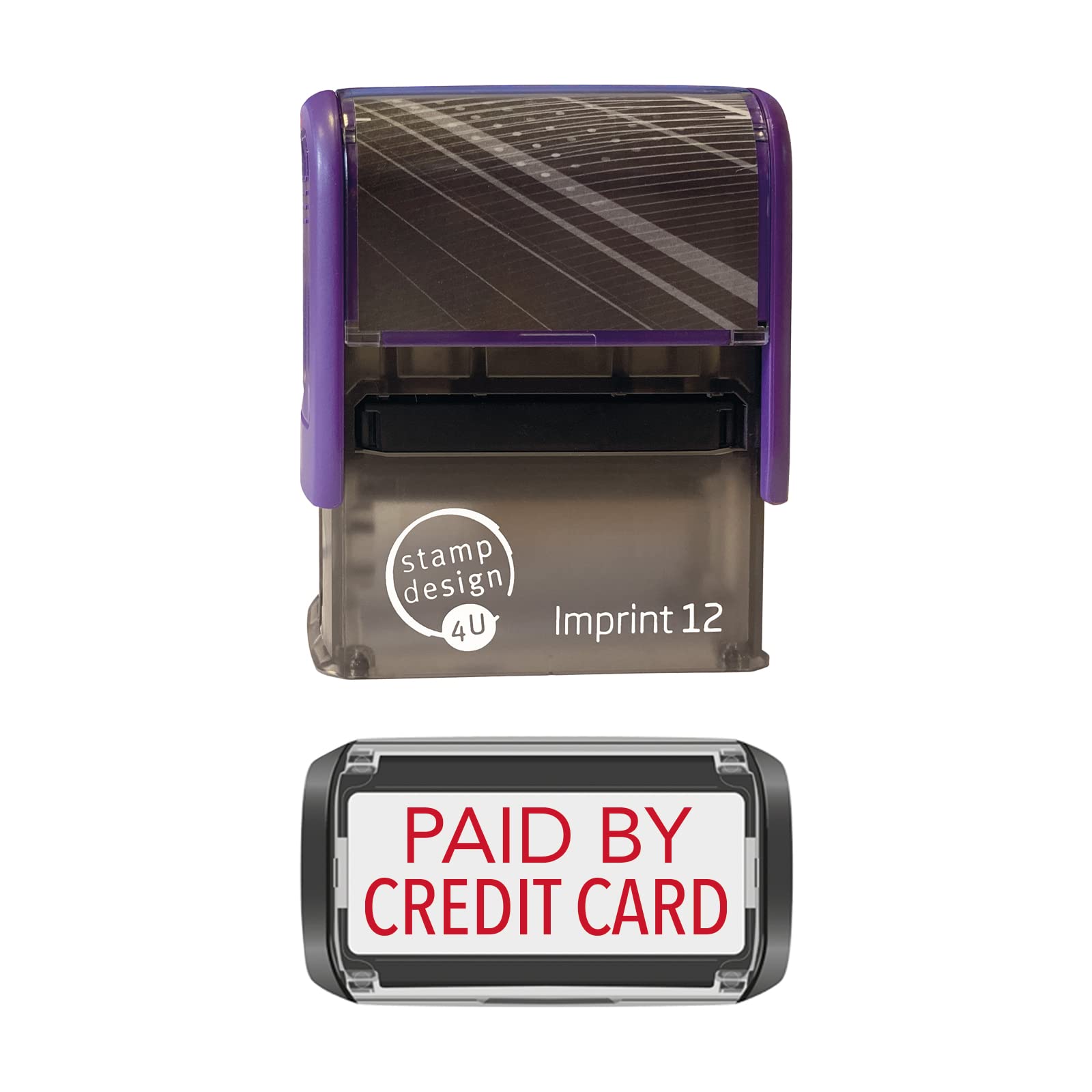 Stamp Design 4U Imprint 12 RED 48 x 18mm Self-Inking Rubber Stamp - Paid by Credit Card in Red Ink