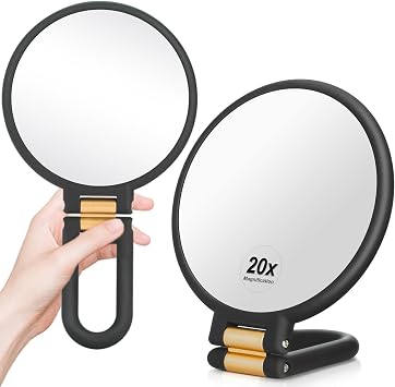 1x 20x Magnifying Travel Mirror, Hand Mirror with Handle - Double Side Hand Held Mirror with 1x 20x Magnification & Foldable Handle, Portable Travel Makeup Hand Mirror for Women Black