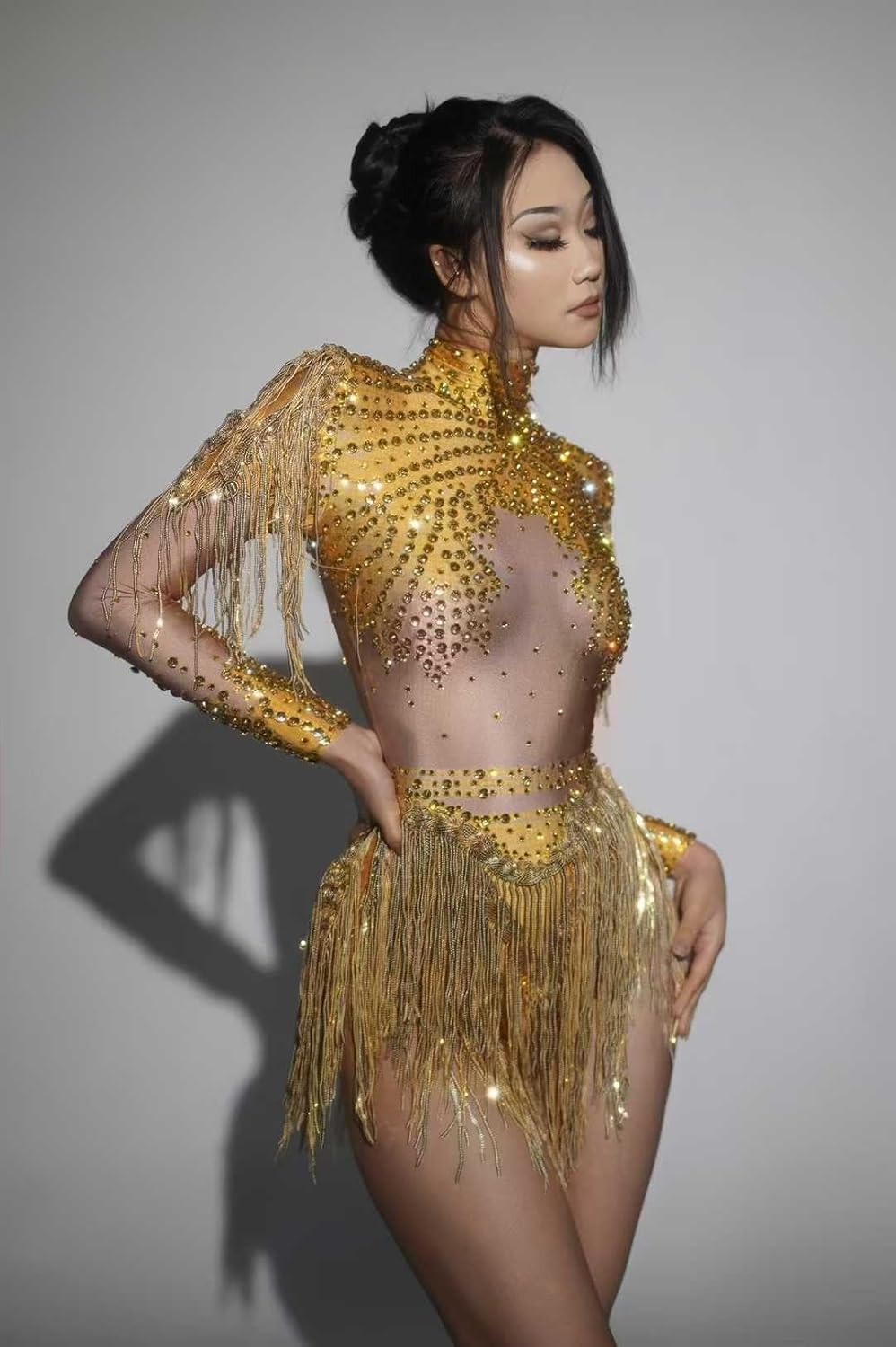 Latin Dance Bodysuit High Neck Mesh See Through Bodysuit with Rhinestones&Fringes,Sparkly Performance Outfit
