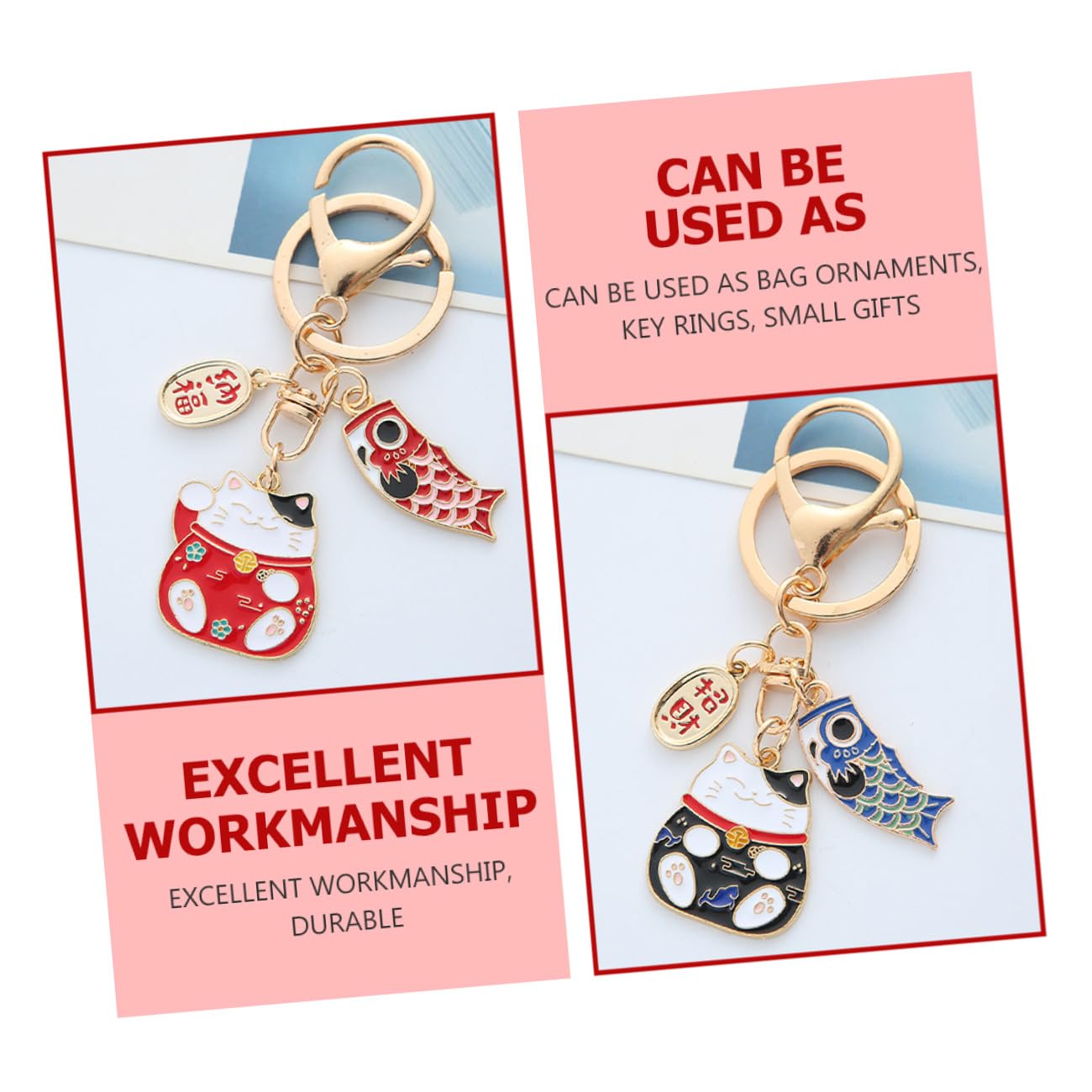 Llavero de Aleación de Zinc Rojo Diseño de Gato Suerte Japonés, Decoración Práctica y Creativa para Bolso o Mochila en Cumpleaños, Pack de 2 Piezas