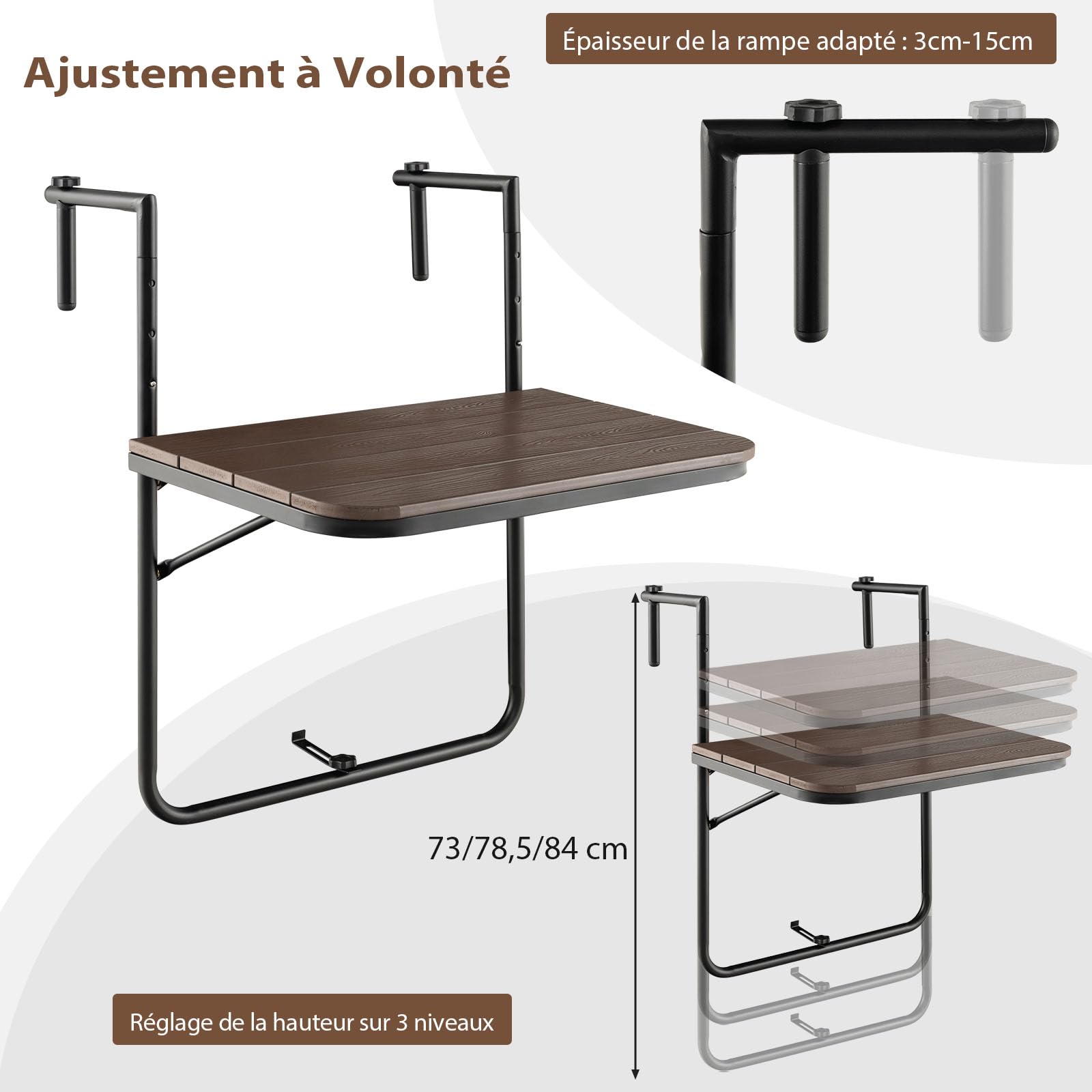 GOPLUS Table de Balcon Suspendue Pliable, Réglable Hauteur, Résistante aux Intempéries, Table Suspendue de Balcon jusqu'à 30 kg, 60×62,5×84 cm (Café)