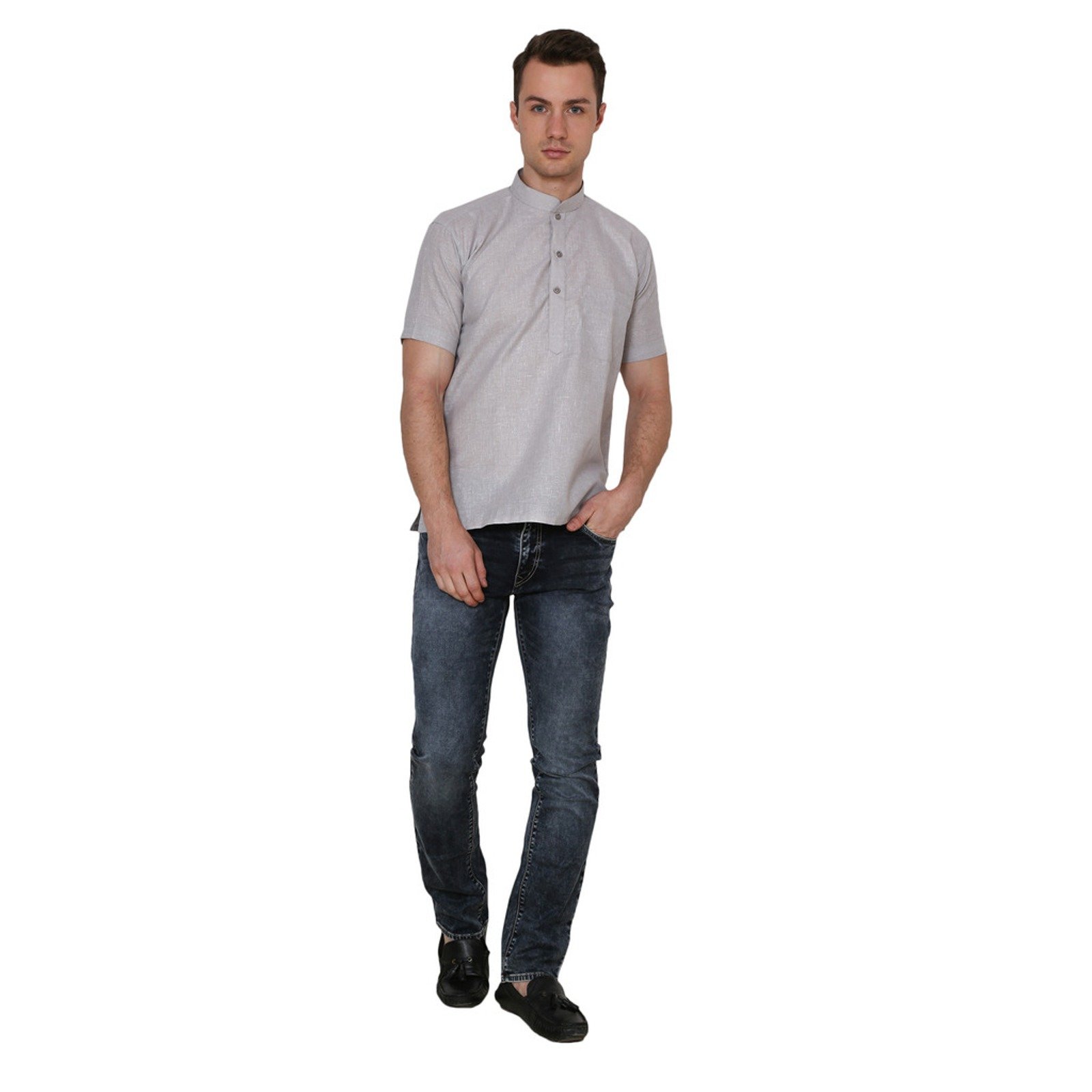 Kurta tradicional indio de algodón lino azul manga corta ropa 3