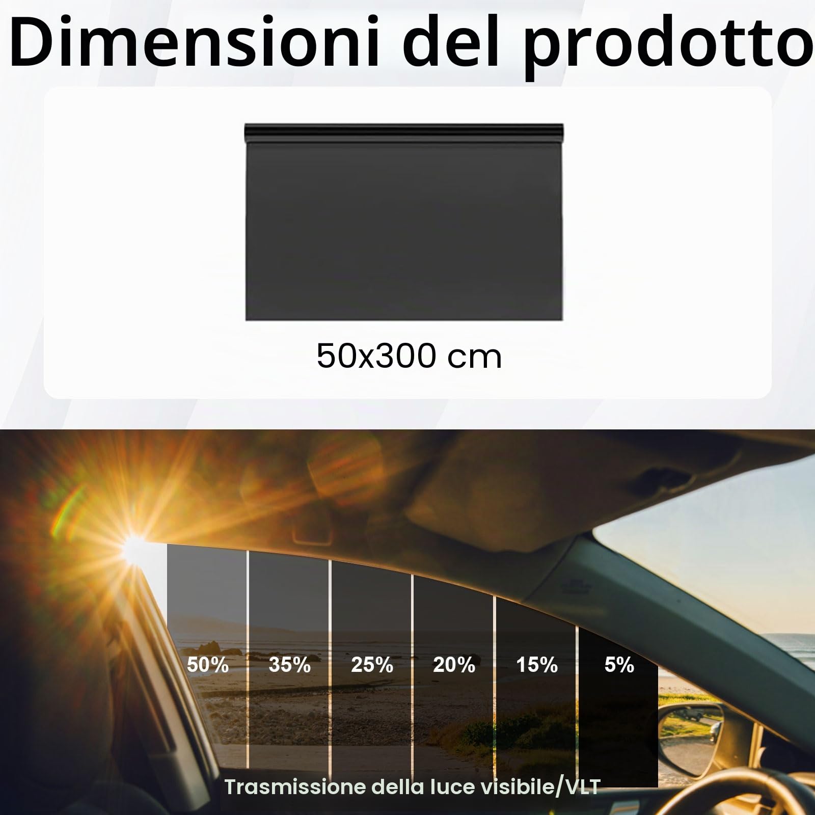 Pellicola oscurante per finestrini dell'auto, 50 x 300 cm, colore nero, autoadesiva, per finestrini dell'auto, protezione dai raggi UV e dal calore, protezione da schegge, diversa trasmissione della