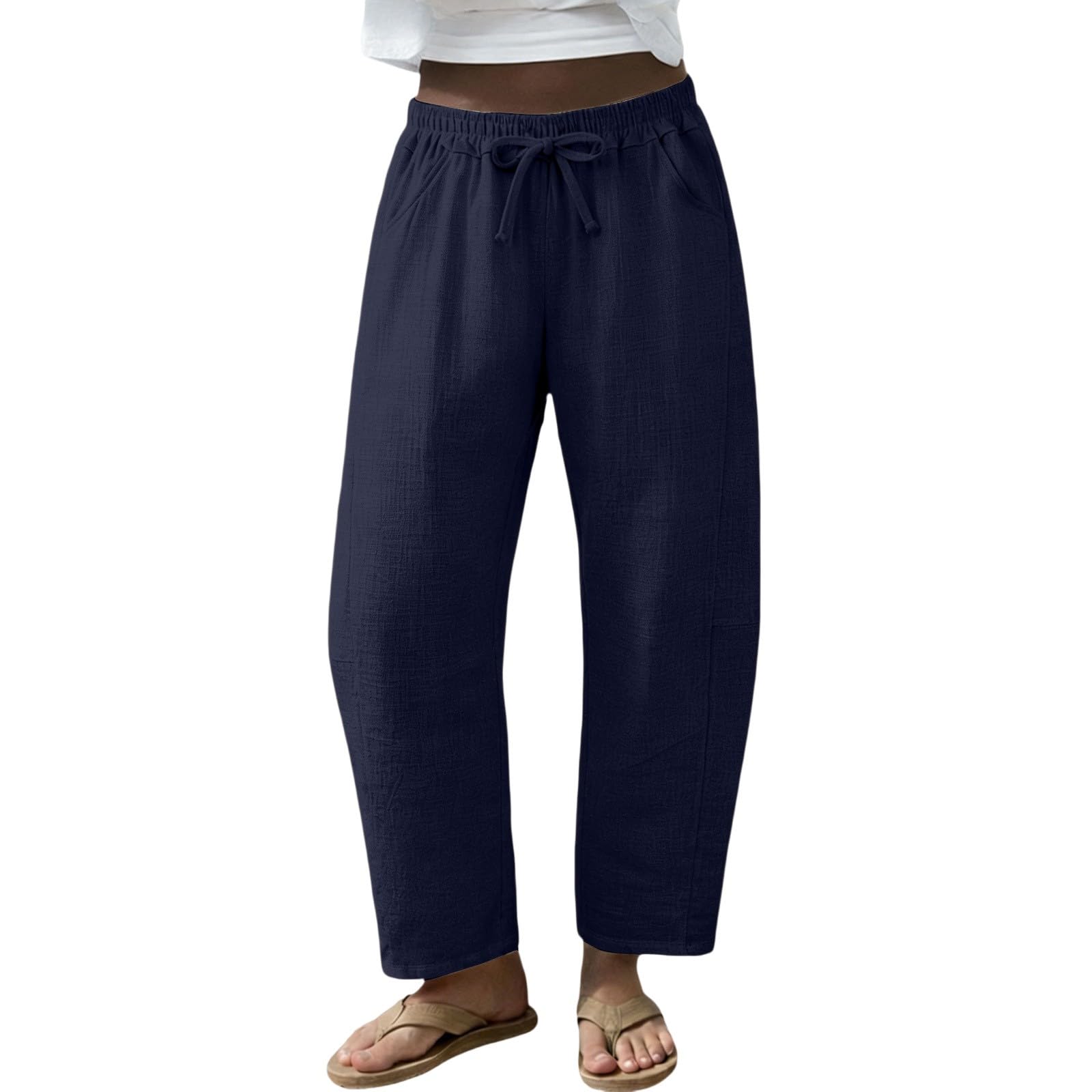 Generisch Barrel Pantalon d'été léger pour femme - Pantalon d'été large - Pantalon bombé - Pantalon long en lin - Taille haute - Décontracté - Avec poches - Pantalon de loisirs - Pantalon de plage