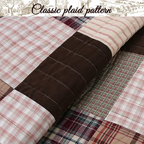 Cozy Line Home Fashions Brody Farmhouse Chocolate Plaid Striped Real Patchwork Reversible Quilt Bedding Set, Coverlet Bedspread (Brown Grid, Queen - 3 Piece) #TOP3