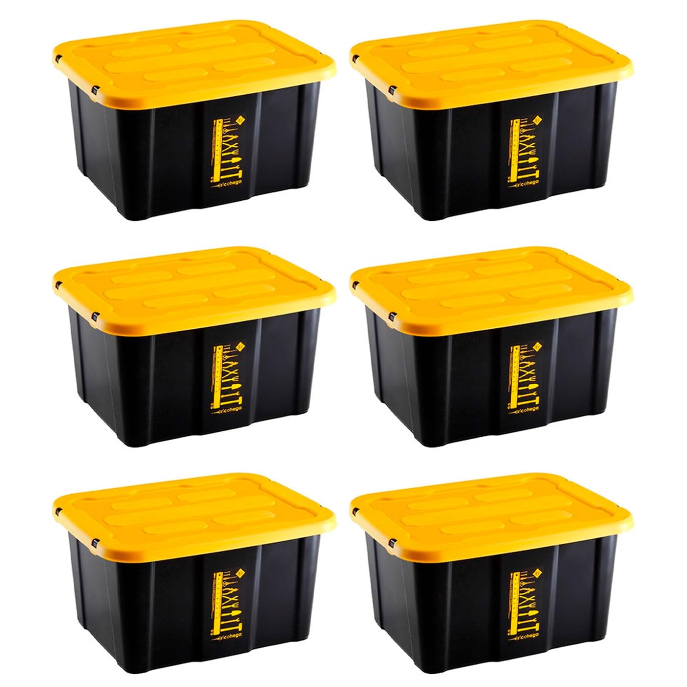 Tradineur - Pack de 6 Cajas de almacenaje apilable con tapa, plástico, cajón multiusos, ordenación, herramientas, hogar, fabricada en España (30 litros - Amarillo/Negro - 48 x 35 x 25,5 cm)