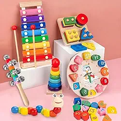 Conjunto de 6 peças, Brinquedo Sensorial, Brinquedo, Quatro conjuntos de colunas, Xilofone, Relógio digital de contas, Modelo, Sino de mão, Torre do Arco-Íris