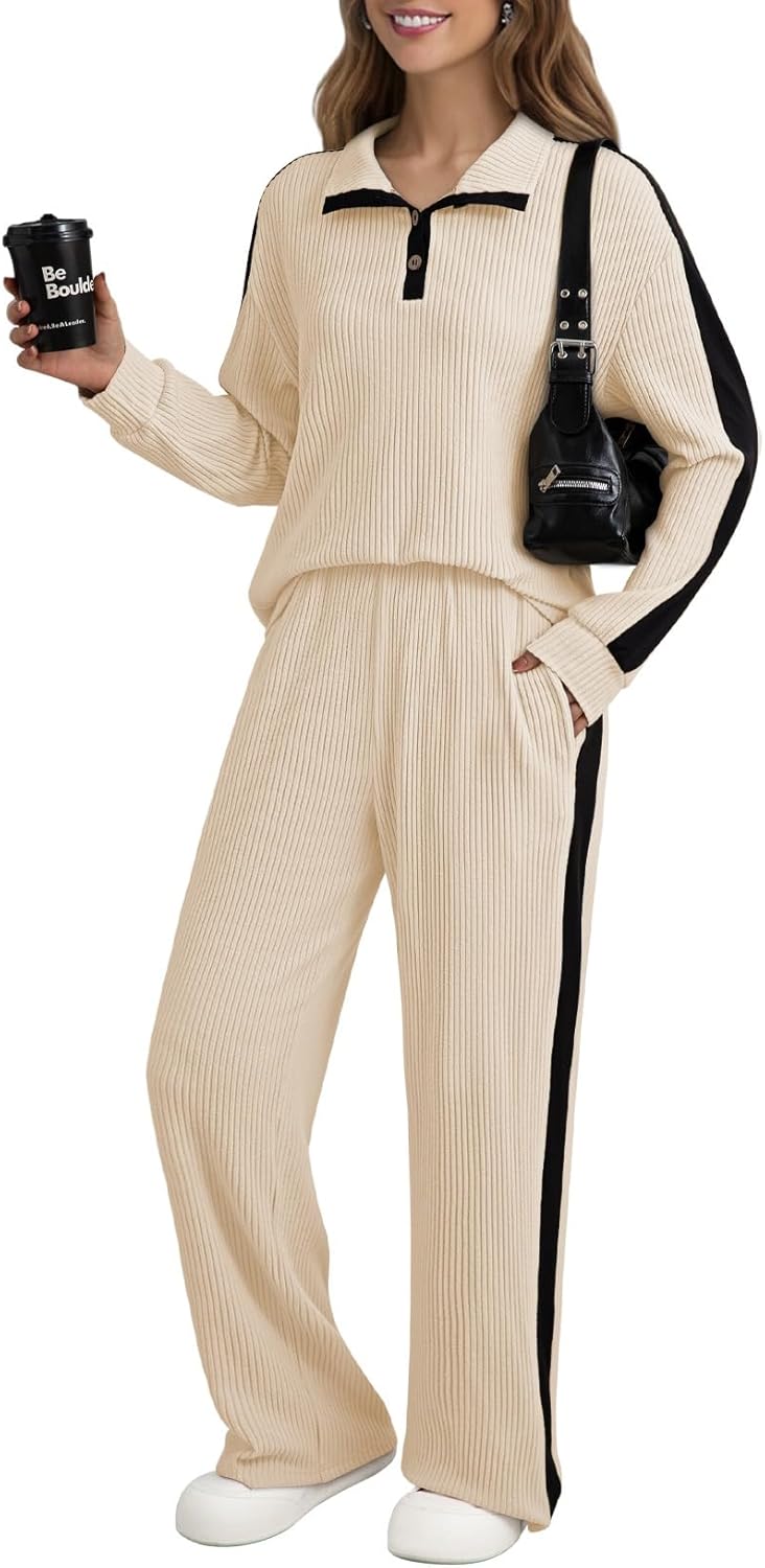 Pink Queen Women's Comfy Sets Long Sleeve Sweatsuits 2025 Casual Ribbed Strips Pants with Pockets Apricot M