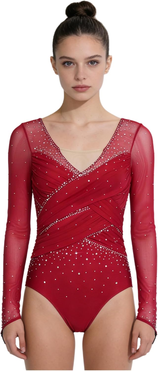 FEESHOW Women's Rhinestone Gymnastics Leotards Long Sleeve Ruched Mesh Ballet Dance Bodysuit Skating Leotard