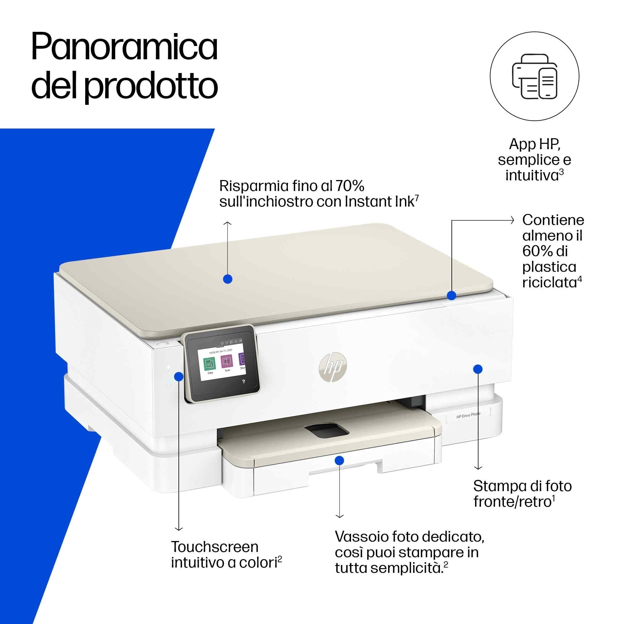 HP Envy Photo 7230 B63JVB, Stampante Multifunzione a Getto d'Inchiostro A4 a Colori, Foto, Fronte/Retro Automatico, 22 ppm, app, 3 Mesi di Inchiostro Instant Ink Inclusi, Bianca