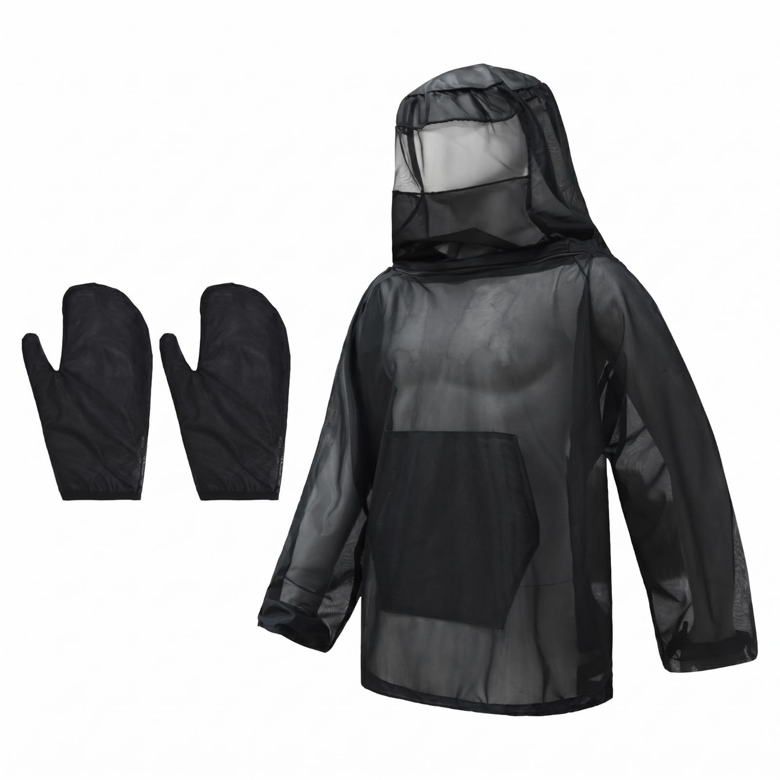 Long Sleeves Net Hooded Top Lightweight Hooded Bug Protection Top Front Pocket Mosquito Net Jacket Matching Gloves, Black, Xl-xxl-image-46