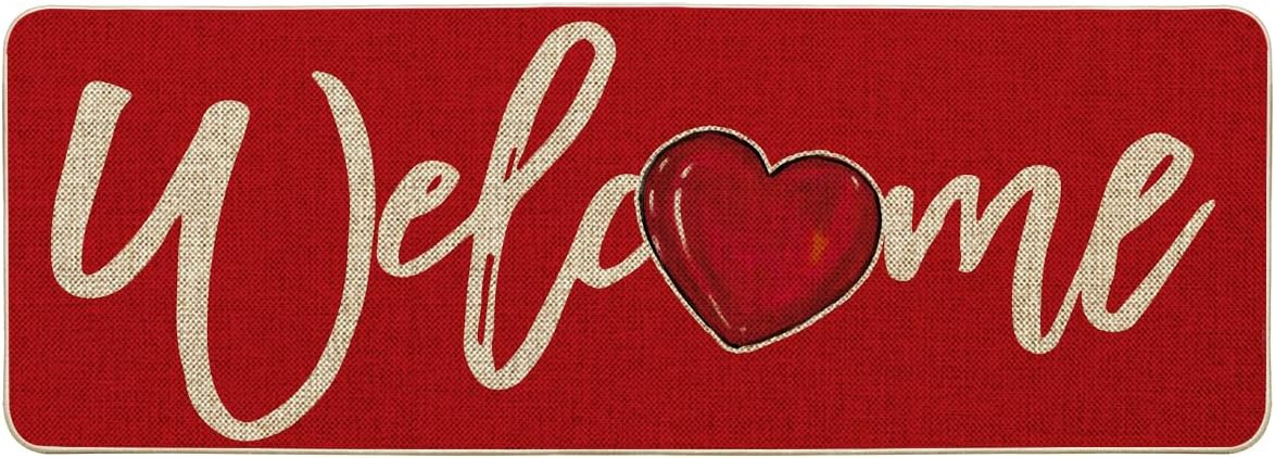 Artoid Mode Welcome Love Heart Valentine's Day Doormat, Home Decor Low-Profile Runner Rug Door Mat for Indoor Outdoor 24x59 Inch