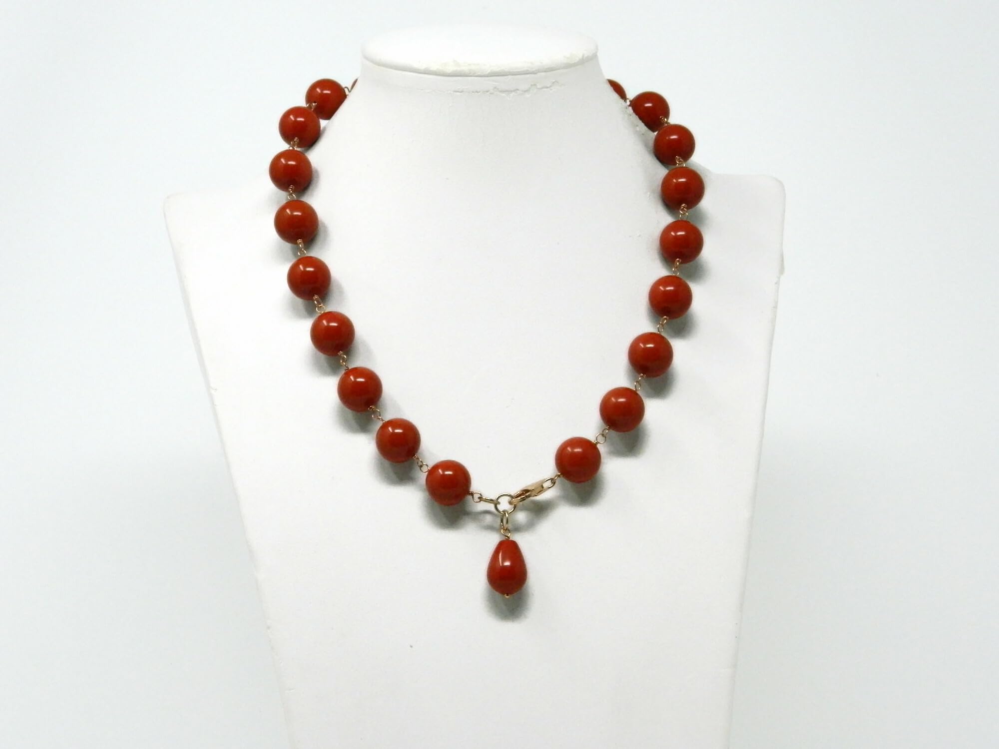 Collana girocollo donna in pasta di corallo rosso Sardegna – Palline 14 mm e goccia pendente 12x16 mm – Argento 925 placcato oro rosa – Handmade Made in Italy - DodiGioielli