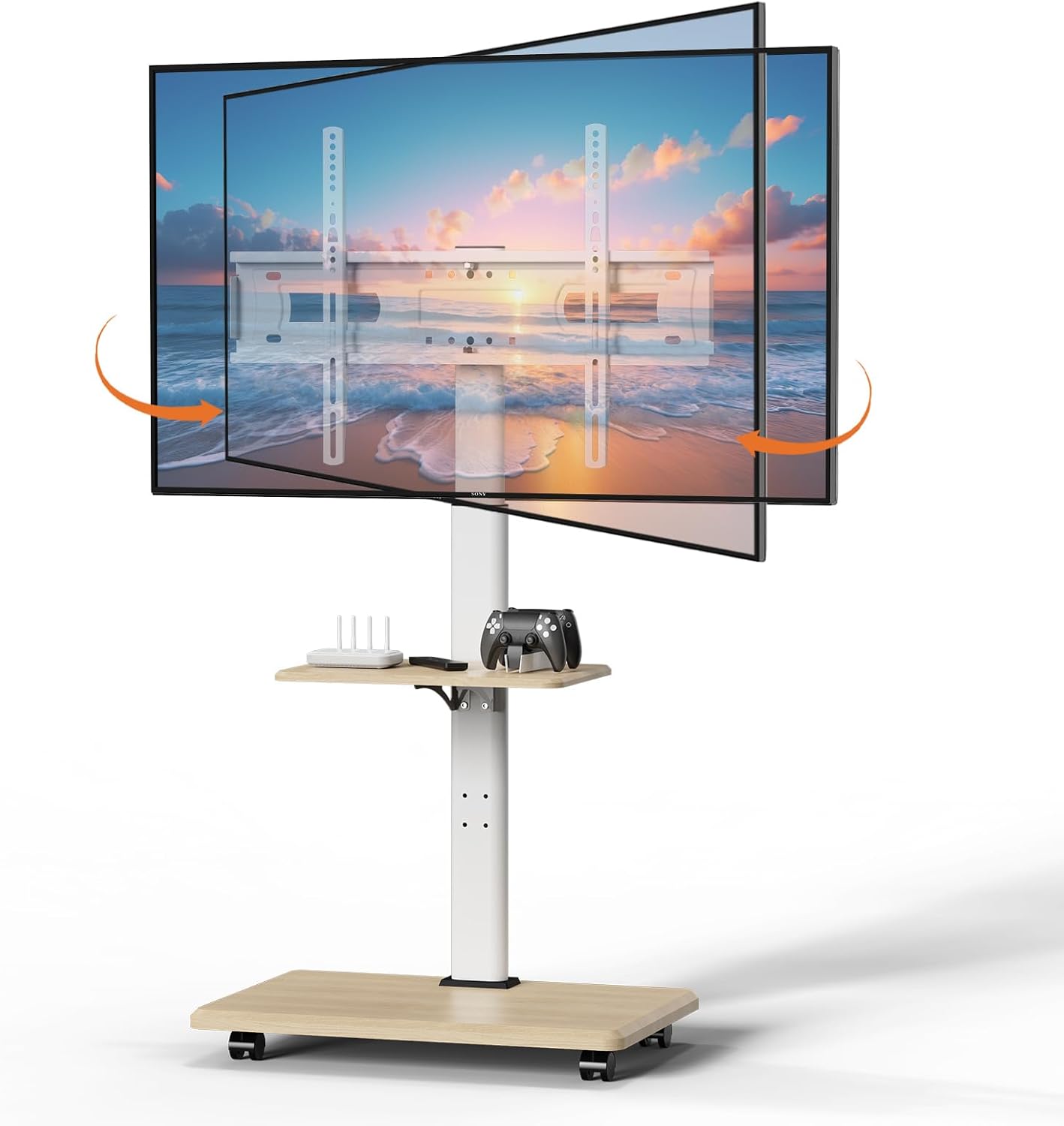 Rolling TV Stand with Hidden Wheels, Mobile TV Cart for 32-75 Inch TVs up to 99 lbs, TV Stand with Swivel and Height Adjustment, Floor TV Mount Stand with Wood Base