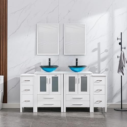eclife Juego de lavabo de tocador de baño de 72 pulgadas, color blanco con gabinetes laterales, color turquesa, cuadrado de vidrio templado, grifo