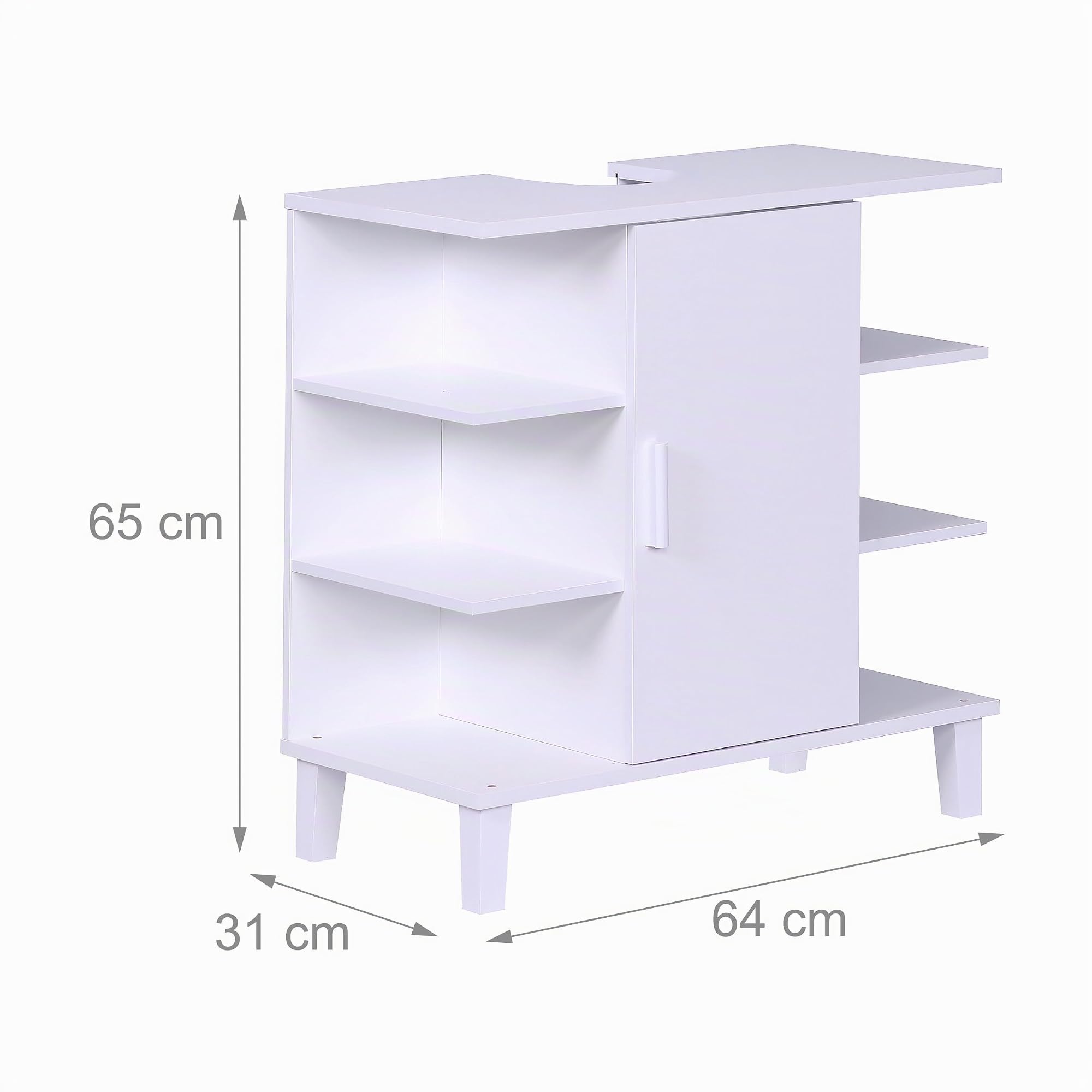 Relaxdays Waschbeckenunterschrank mit Tür und 6 Ablagen, HBT: 65x64x31 cm, MDF, Badunterschrank Waschbecken, weiß