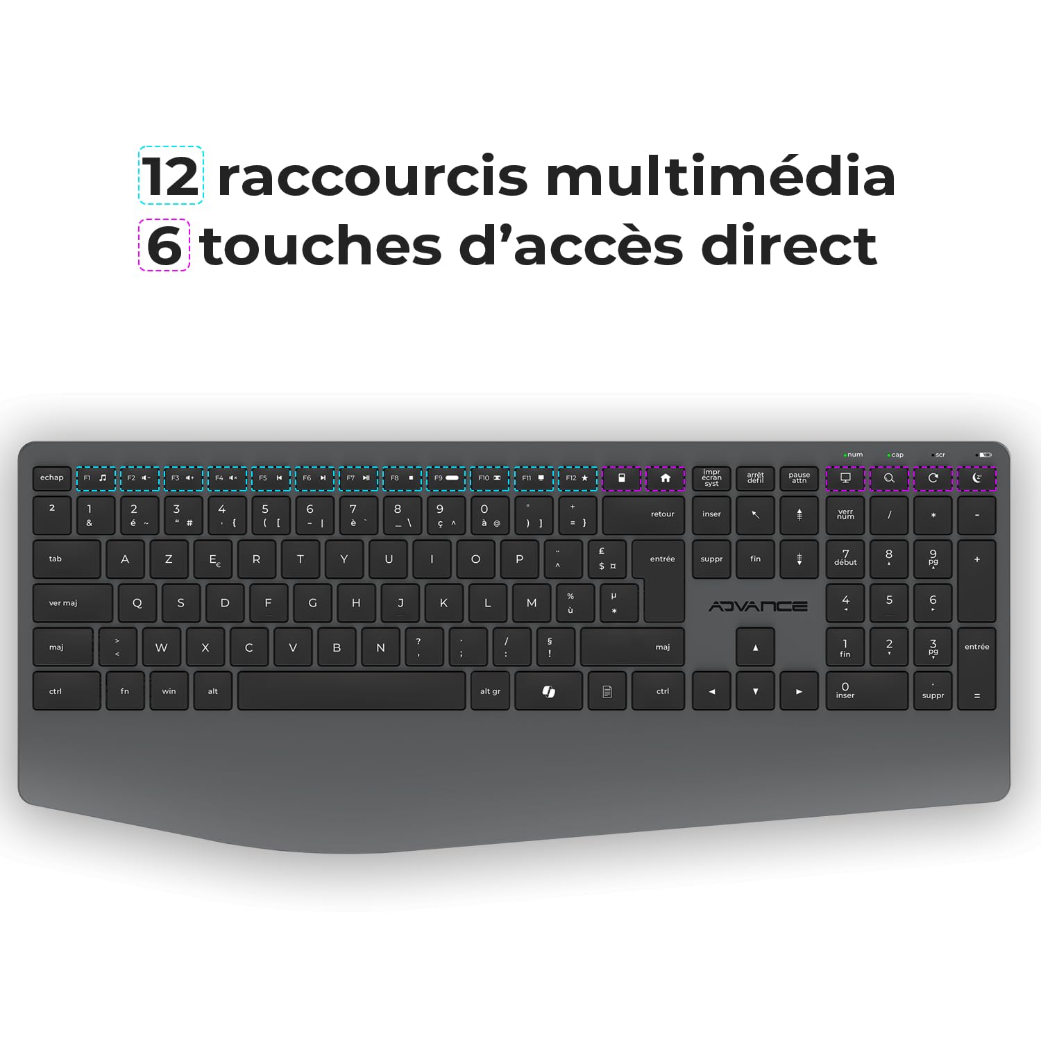 AD ADVANCE - X-Type, Ensemble Clavier Souris sans Fil Silencieux pour PC, Souris 1600 DPI, Clavier AZERTY, 112 Touches X Ciseaux, 12 Raccourcis Multimédias, Bouton Copilot AI, Hauteur Réglable, Noir