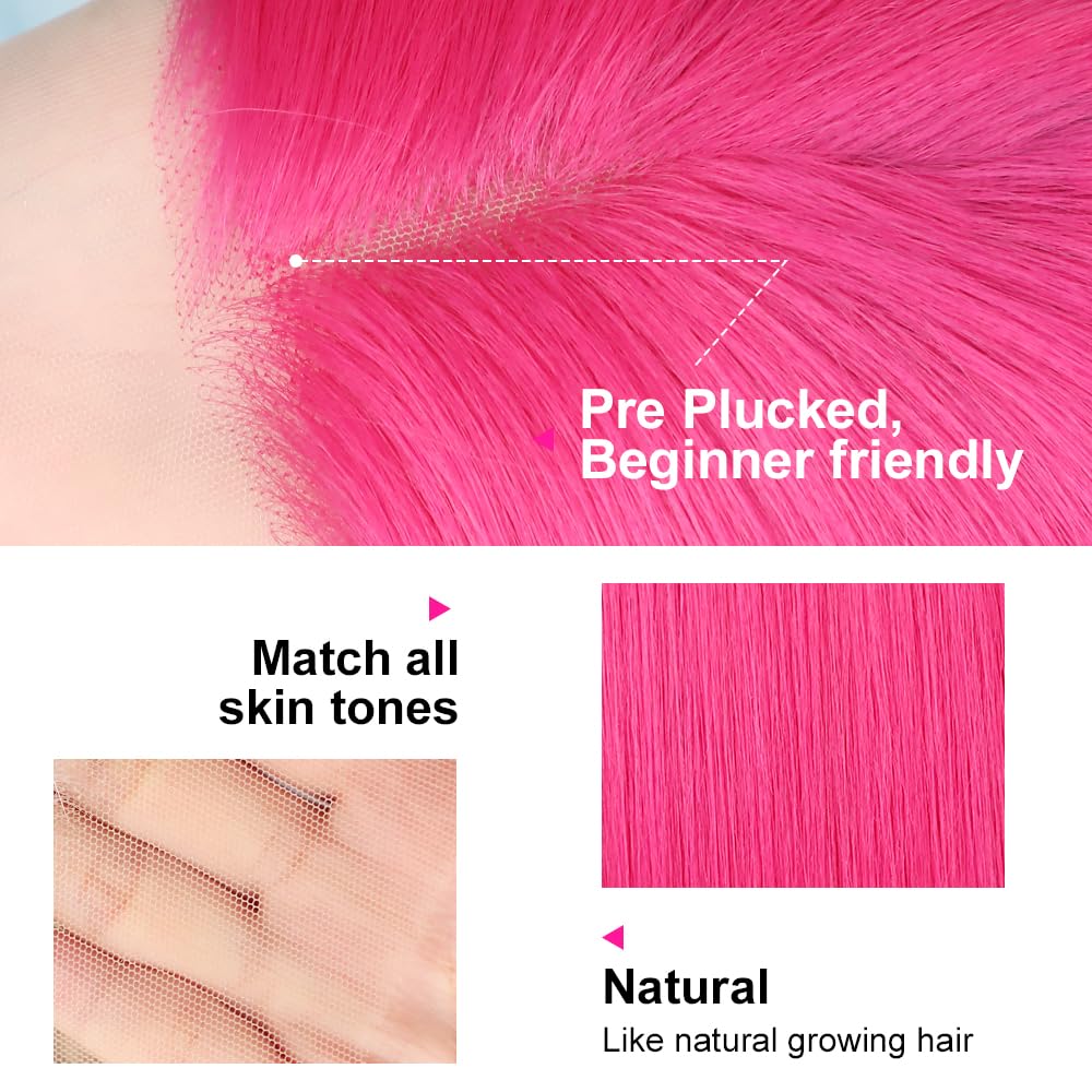 QD-Tizer Hot Pink Wig Long Straight Hair Red Pink Color 13x4 Synthetic Lace Front Wigs Natural Hair Line Wigs for Fashion Women Heat Resistant Synthetic Hair Wigs