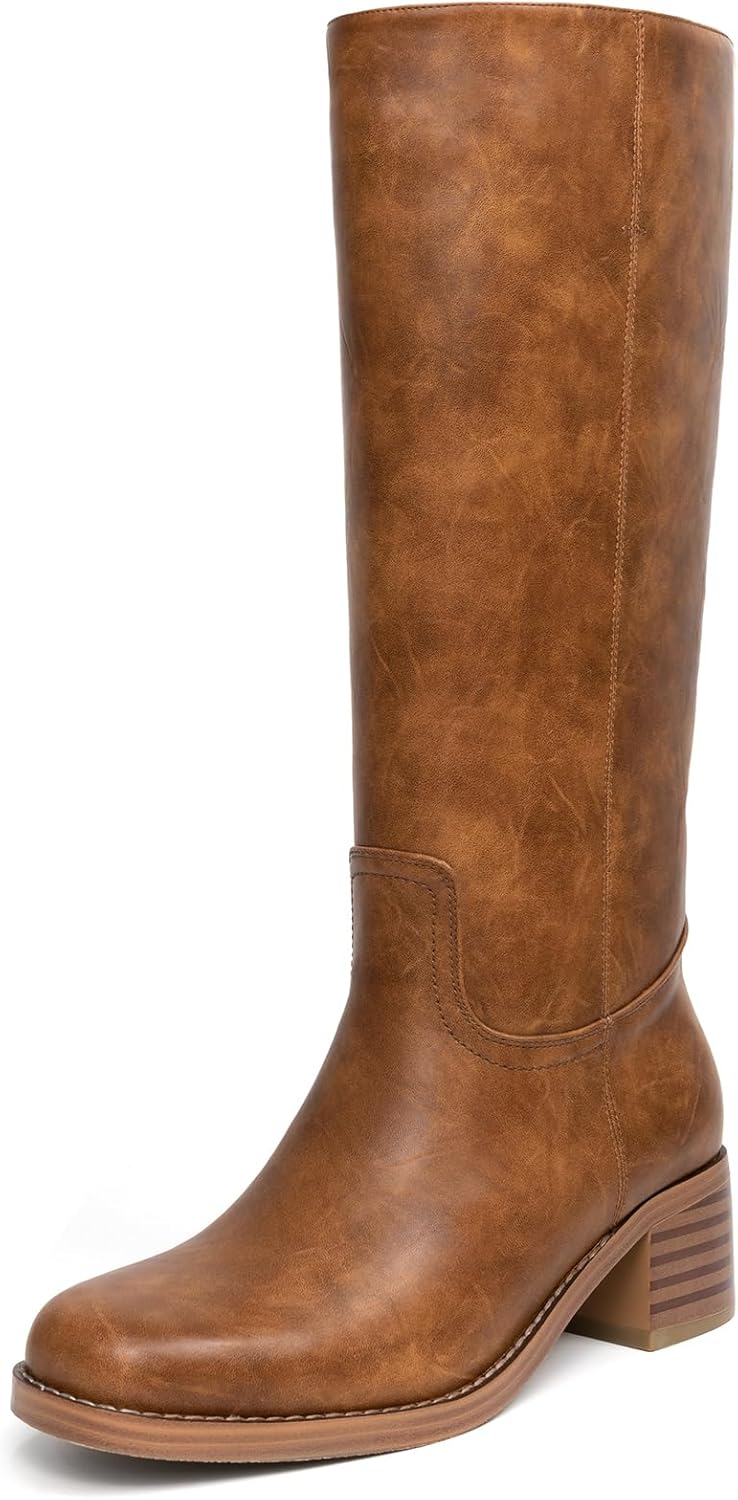 Platform Women's Knee High Square Toe Chunky Block Heel Long Wide Calf Riding Pull On Campus Boots