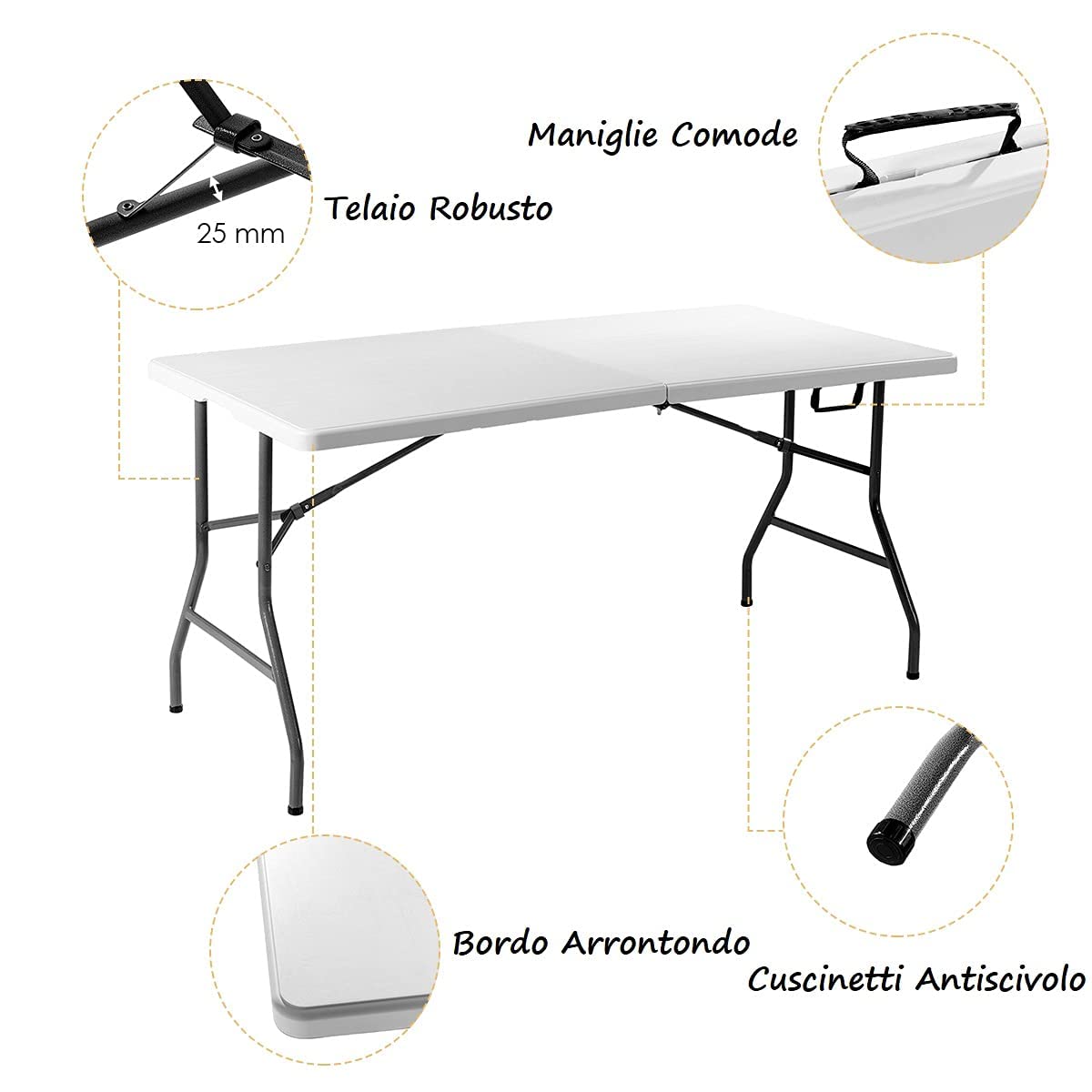 GYMAX Tavolo da Campeggio a Valigetta in Acciaio, Tavolo da Picnic Pieghevole e Portatile, Con Piano Impermeabile, Maniglie e Cuscinetti Antiscivolo, con Portata di 150 kg, 153 x 74 x 73 cm