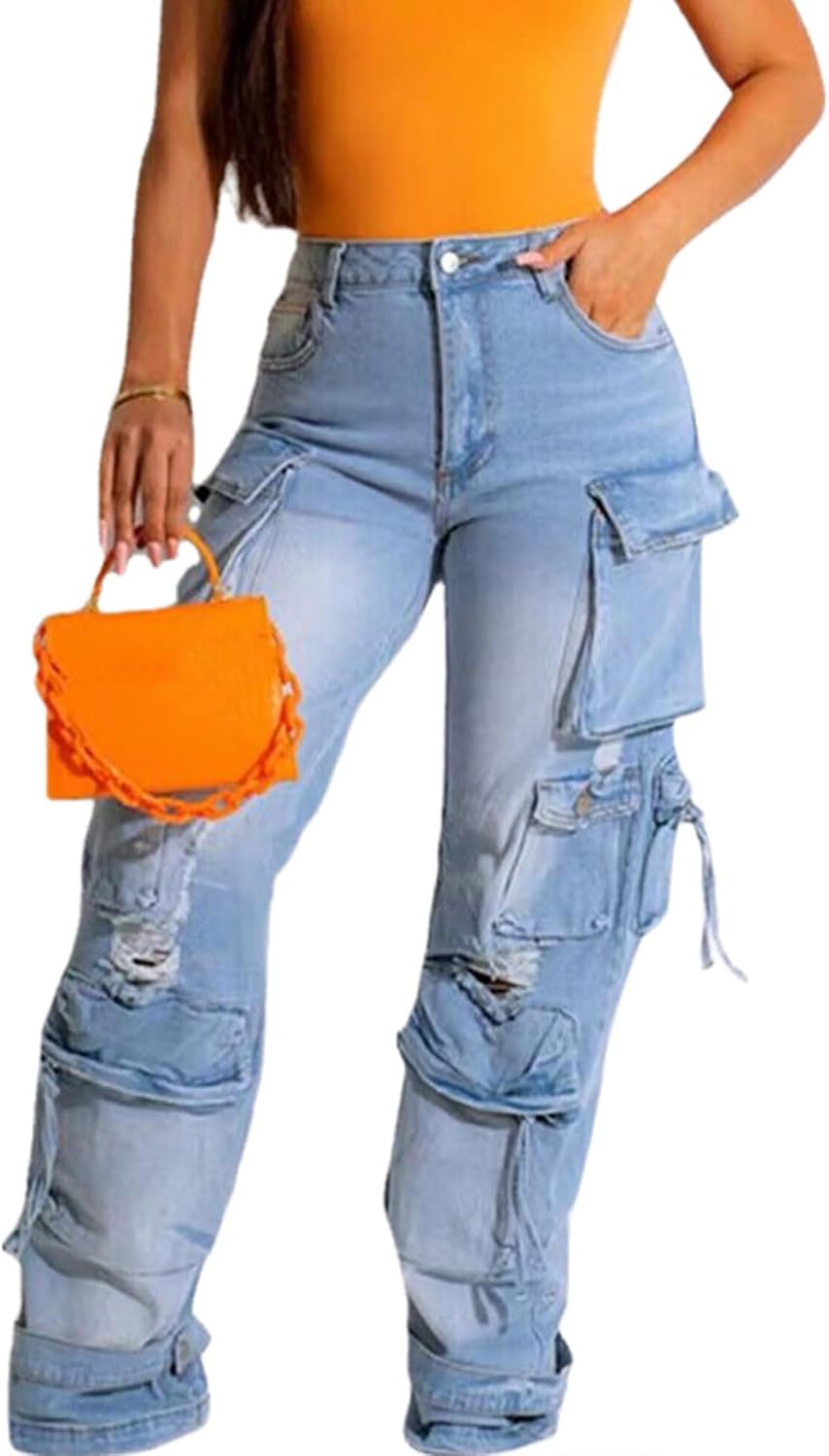 SEMATOMALA Women's Cargo Jeans Jogger Pants Multi Pockets Y2K Destroyed Ripped Denim Ankle Cuffed Baggy Pants