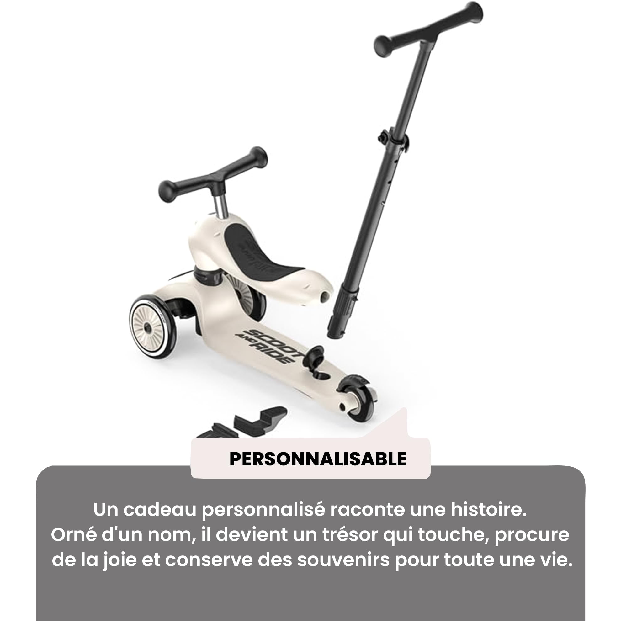 Scoot and Ride Highwaykick 1 Push & Go Cendre - 2-en-1 avec siège & Barre de poussée - Hauteur réglable - pour Enfants de 1 à 5 Ans - personnalisé avec prénom