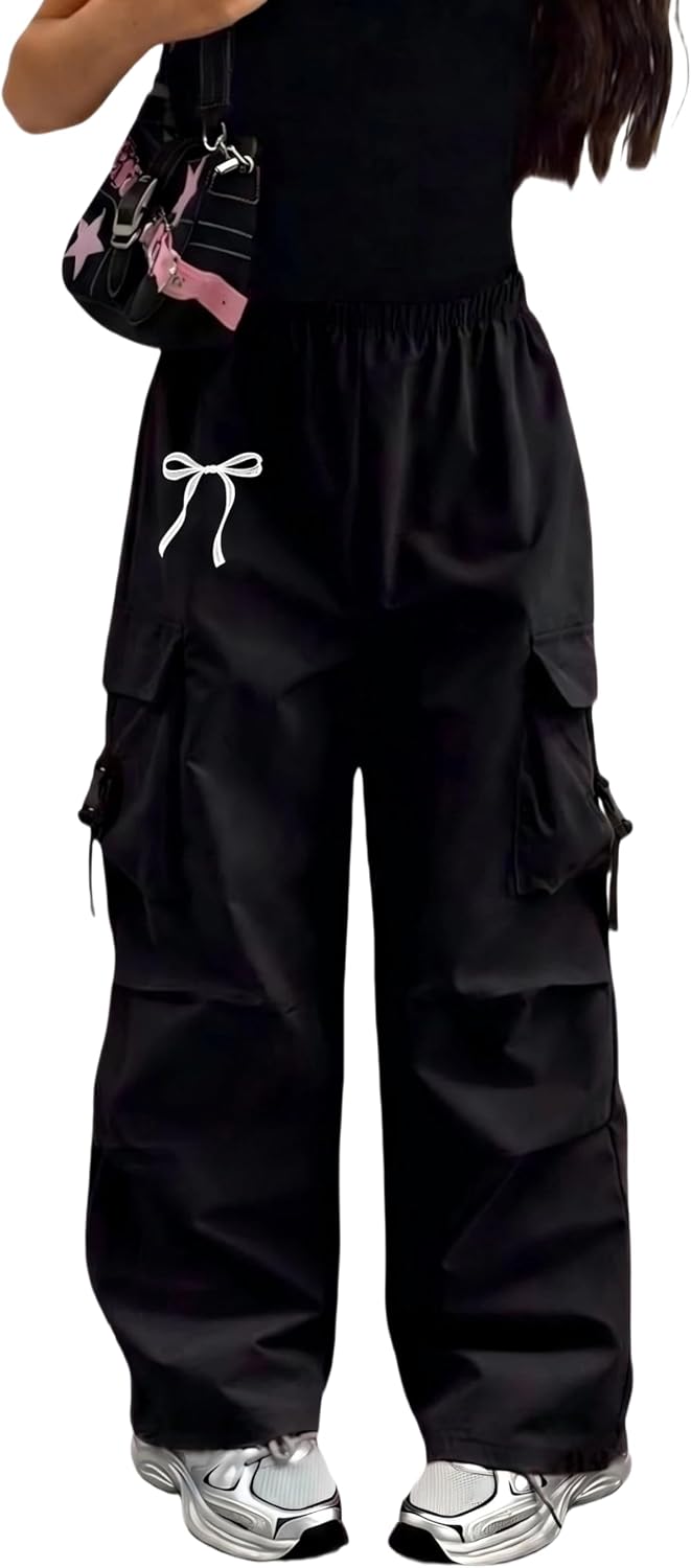 Girls Cargo Pants Wide Leg Black Bow Graphic Long Trousers with Pockets Y2K Aesthetic Baggy