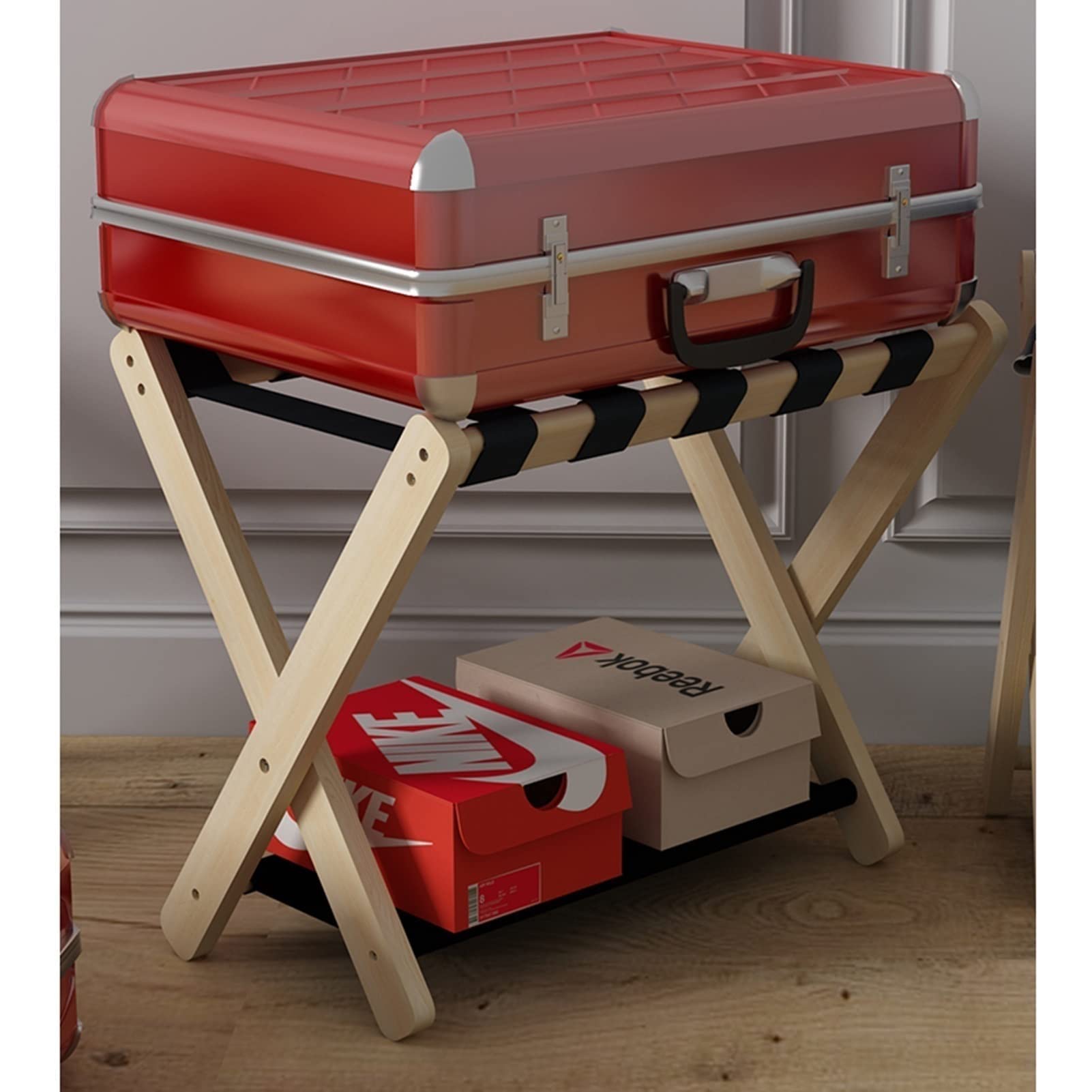 Genérico Organizador de Maletas Plegable con Zapatero - Juego de 2 portaequipajes para habitación de Invitados - Soporte para Maletas de 2 Niveles - Soporte para Maletas de Suelo, 70 x 43 x