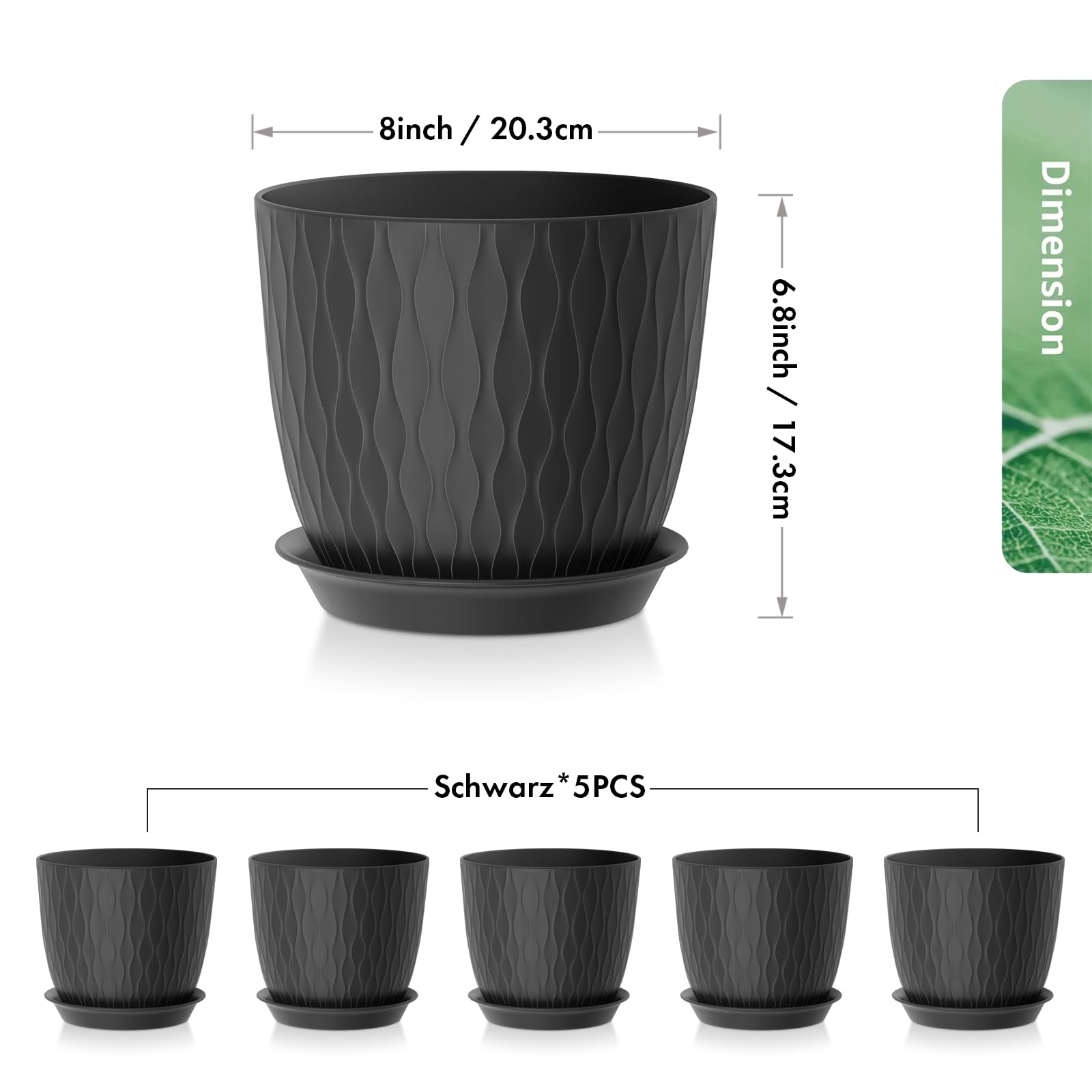 Homeuouz 5 Packs Blumentopf mit Bewässerungssystem, 20.3cm Pflanzentopf mit Bewässerungssystem, Übertopf mit Untersetzer, Blumentöpfe Set Ideal für Innen und Balkongärten, Schwarz