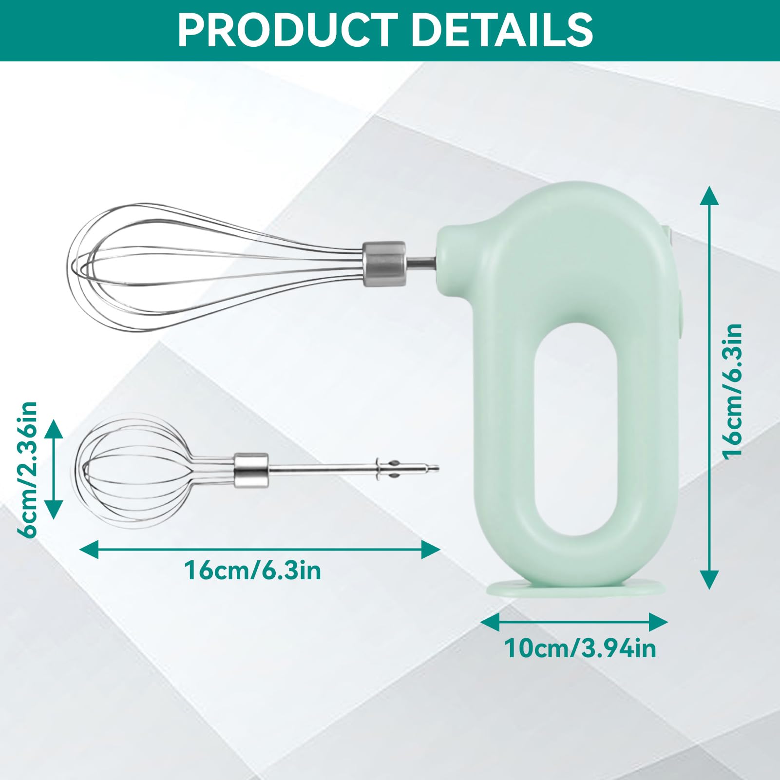 Frullatore manuale ricaricabile senza fili, mini 4 velocità, regolabile, USB, ricaricabile, per whisk a mano, portatile, 1500 mAh, con 2 martelli per uova (verde)