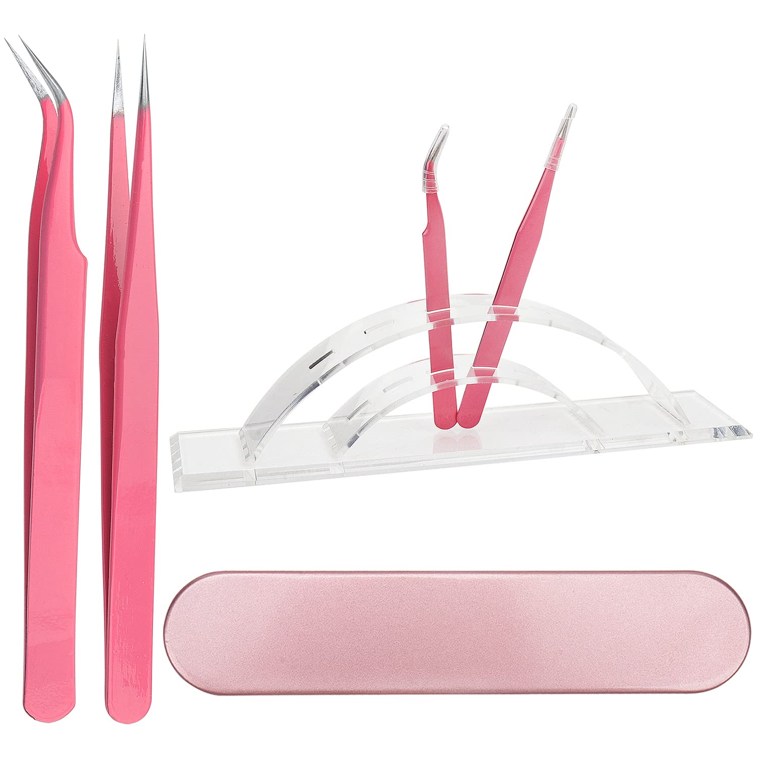 Eyelash Extension Tweezers Kit with 2pcs Black Tweezers and Storage Case , 6 HolesTweezer Display Stand,fit Lash Extension Professional Makeup Tool (Pink)