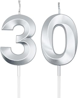 Silver 30th Birthday Candles for Cakes, Number 30 Candle Cake Cupcake Topper for Birthday Anniversary Party Decoration