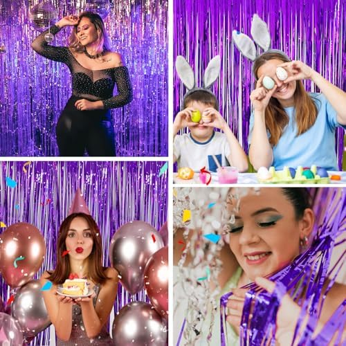 Purple Backdrop Party Decorations 3.3x8.2ft, 2 Pack Foil Fringe Curtains Door Streamers for Easter Decor, Purple Tinsel Backdrop for Demon Hunters Birthday Graduation Baby Shower Halloween Christmas — view 3