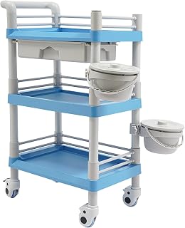 Mobile Medical Trolley Cart, 3 Tiers Beauty Salon Rolling Trolley with 2 Dirts Bucket, 176Lbs Load Utility Cart with Drawer Lockable Wheels for Hospital Dental Clinic Home (Blue)