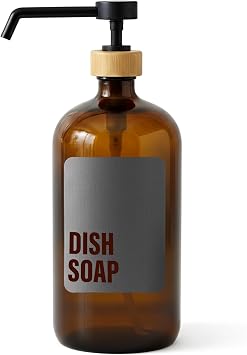 SAVVY & SORTED Amber Glass Dish Soap Dispenser for Kitchen Sink 1 Liter, Large Kitchen Soap Dispenser Set with Permanent Labe