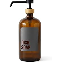 SAVVY & SORTED Amber Glass Dish Soap Dispenser for Kitchen Sink 1 Liter, Large Kitchen Soap Dispenser Set with Permanent Label, Refillable Glass Bottle for Dish Washing Liquid, 34 Fl Oz