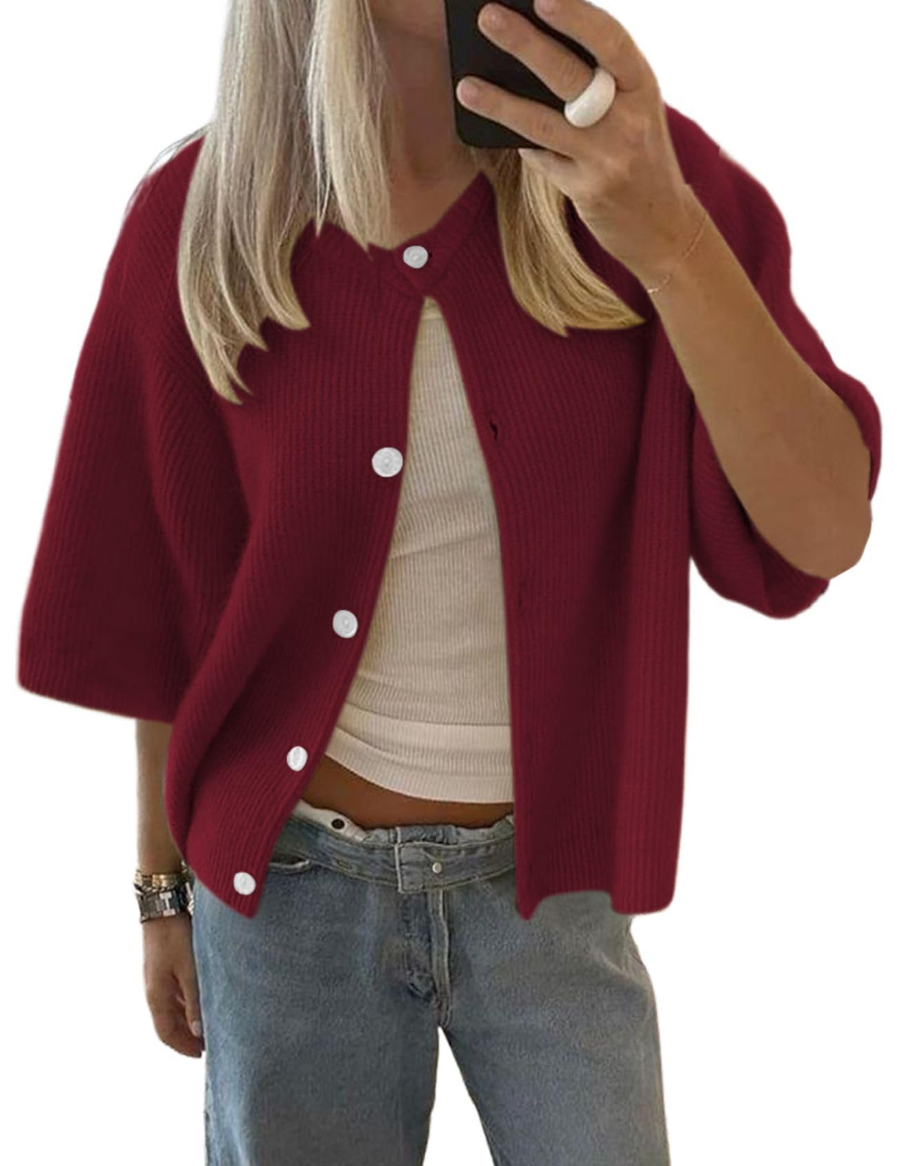 Cioatin Women Yellow Short Sleeve Button Down Crop Cardigan Sweater Y2K Oversized Aesthetic Knit Shirt Tops Preppy Girls